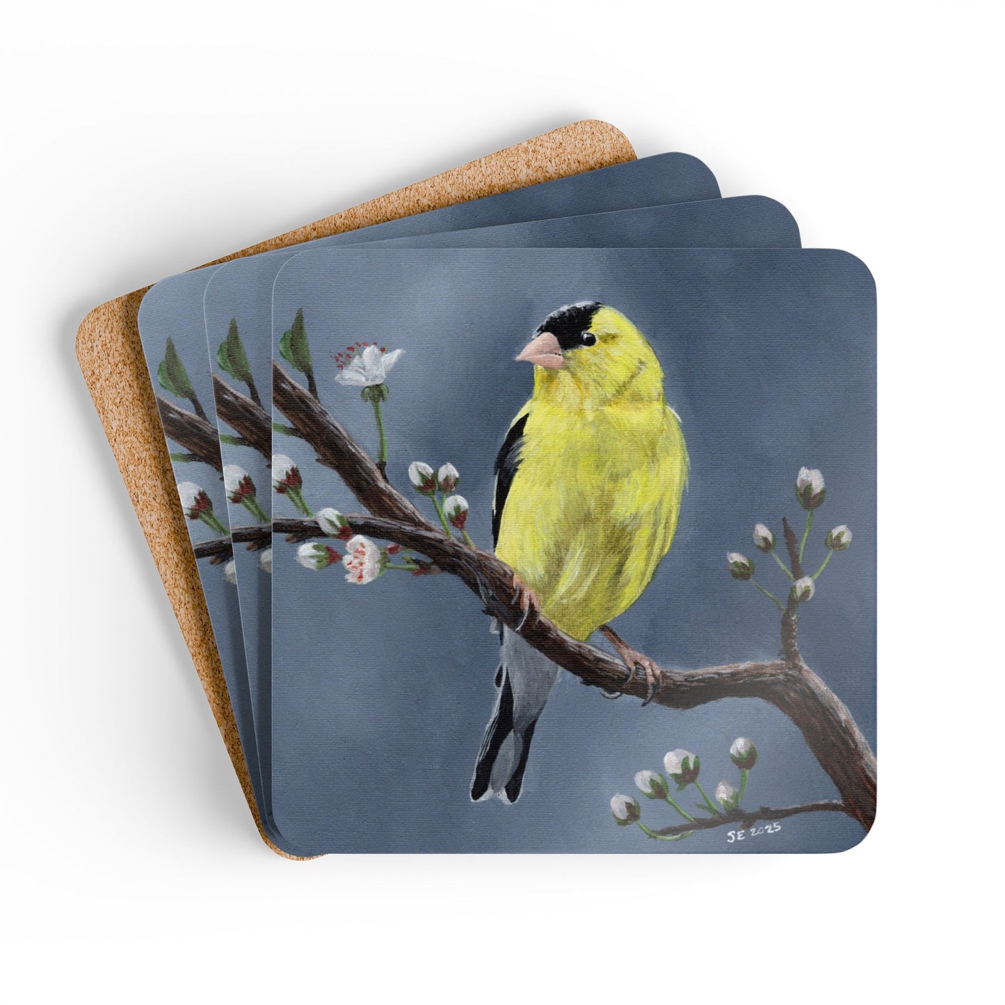 Goldfinch Cork Coaster Set — Bird Art Drink Coasters, Spring Blossom Kitchen Decor