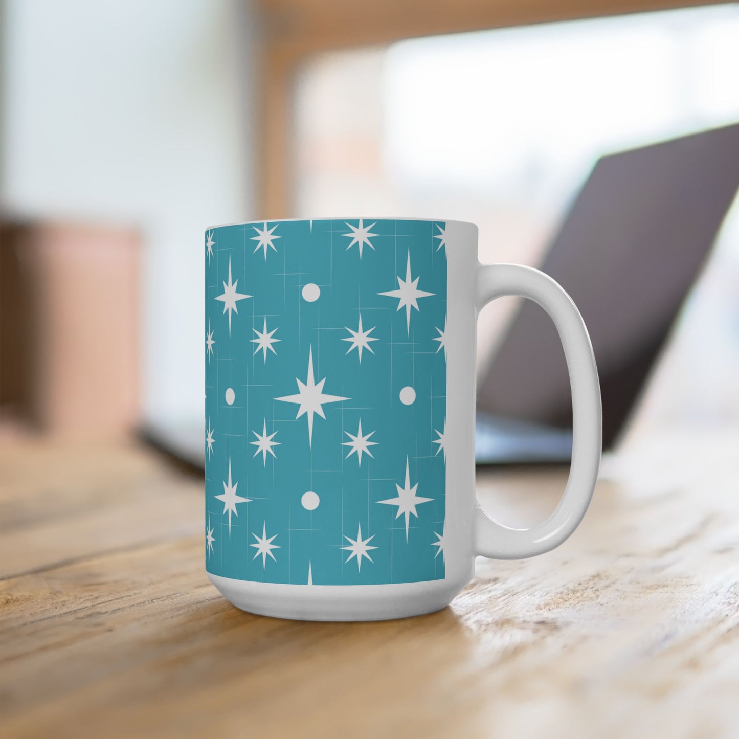 Starburst Pattern Ceramic Mug — Retro Turquoise Mid-Century Modern Coffee Cup (11oz, 15oz)