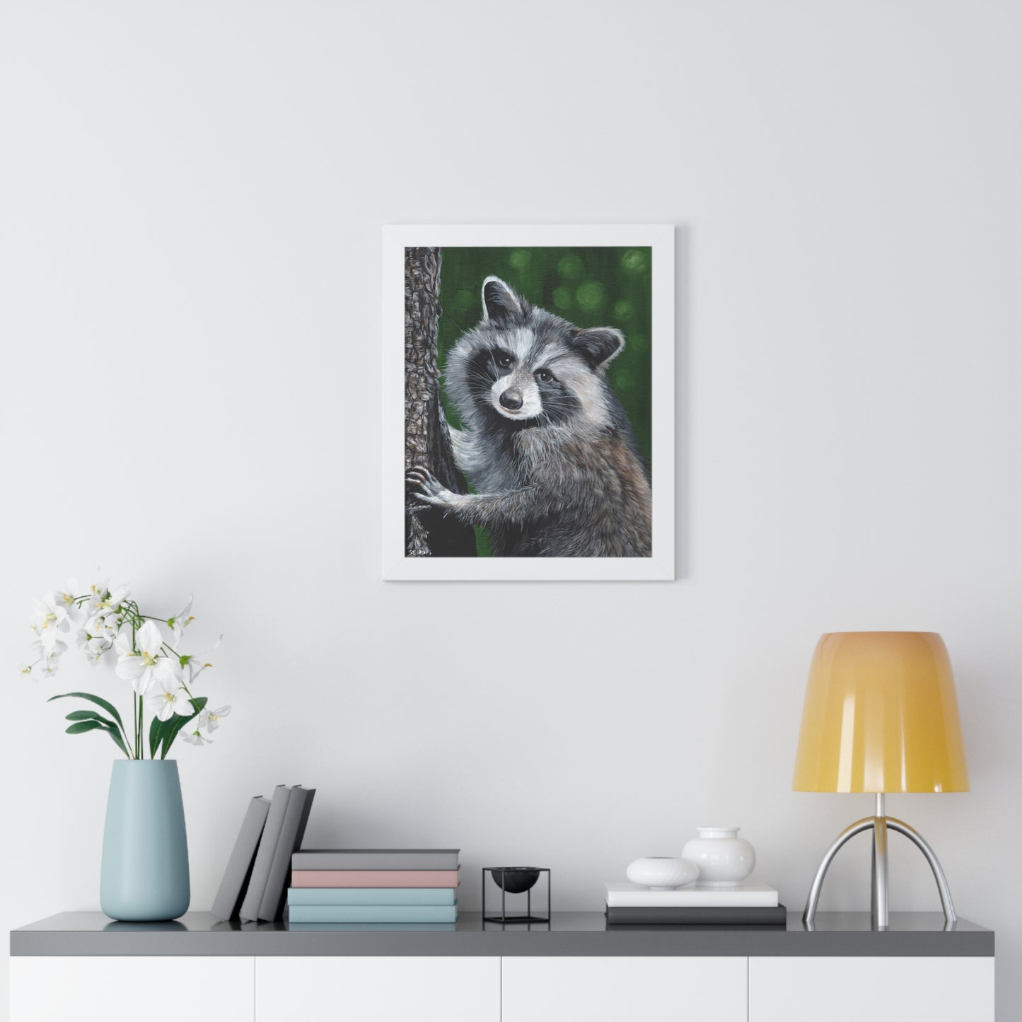 Framed Raccoon Poster — Cute Woodland Animal Wall Art (Vertical)