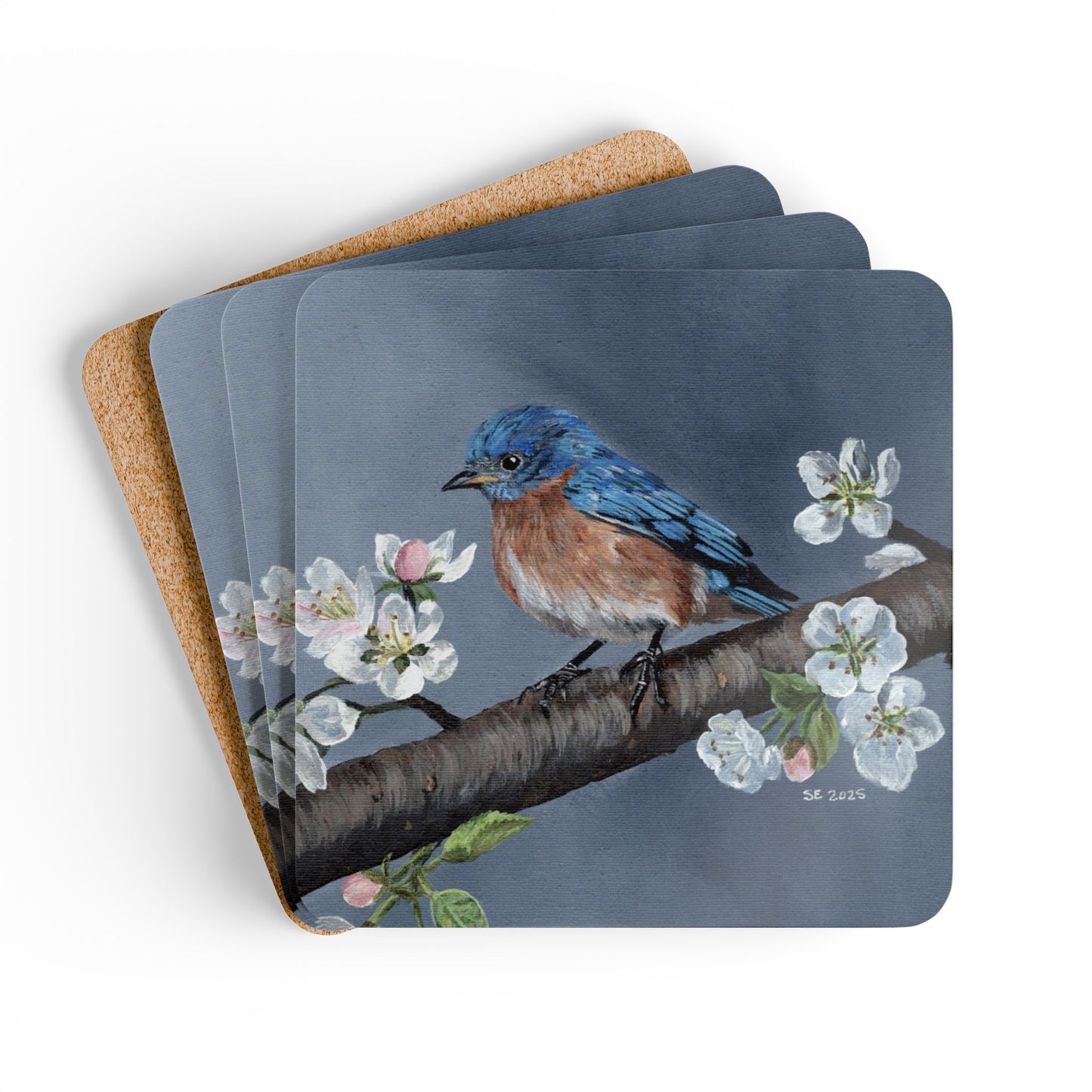 Bluebird & Blossoms Cork Coaster Set — 4-Pack Decorative Drink Coasters
