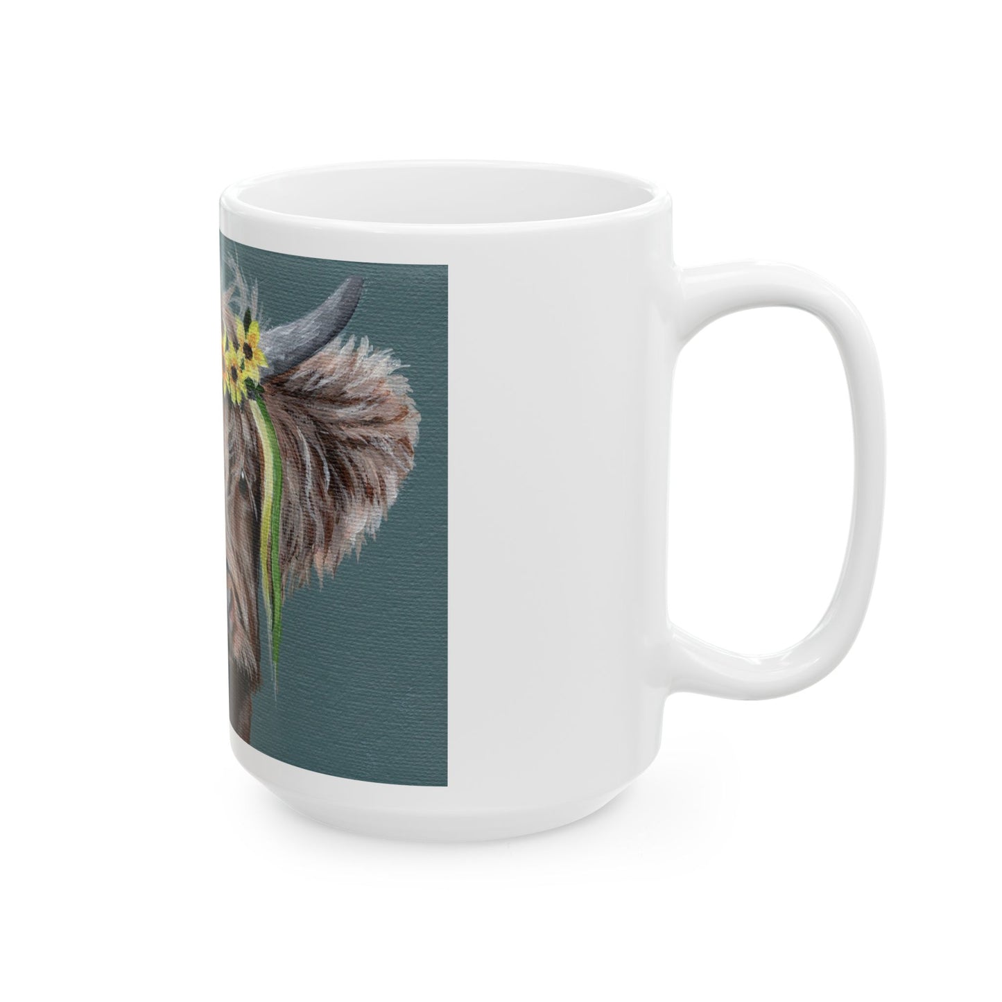 Highland Cow Mug with Sunflower Crown — Ceramic Coffee Cup (11oz, 15oz)