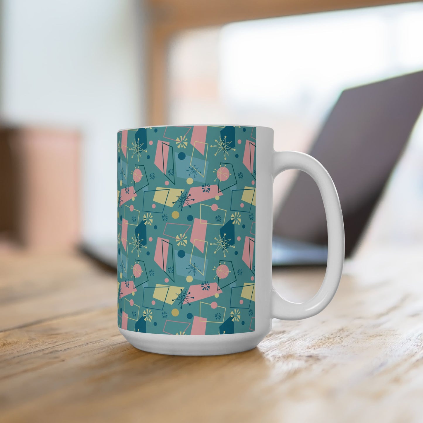 Mid-Century Modern Pattern Ceramic Mug — Retro Teal Atomic Design (11oz/15oz)