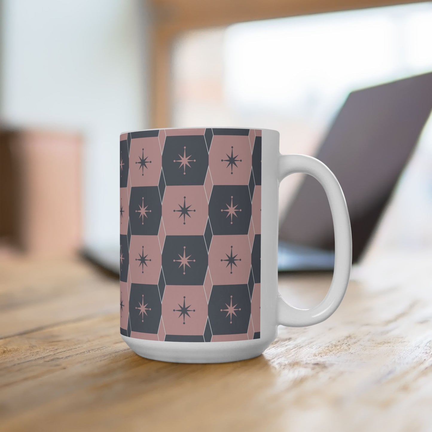 Mid-Century Starburst Ceramic Mug — Pink & Slate Geometric Pattern (11oz, 15oz)