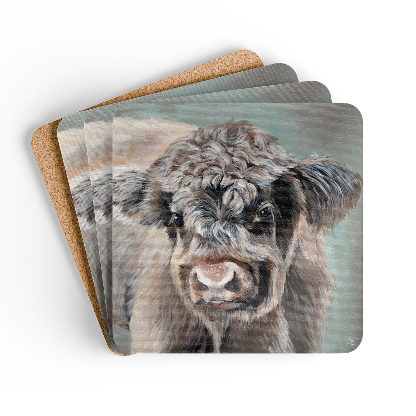 Highland Cow Cork Coaster Set — Hand-Painted Calf Drink Coasters (4-Pack)