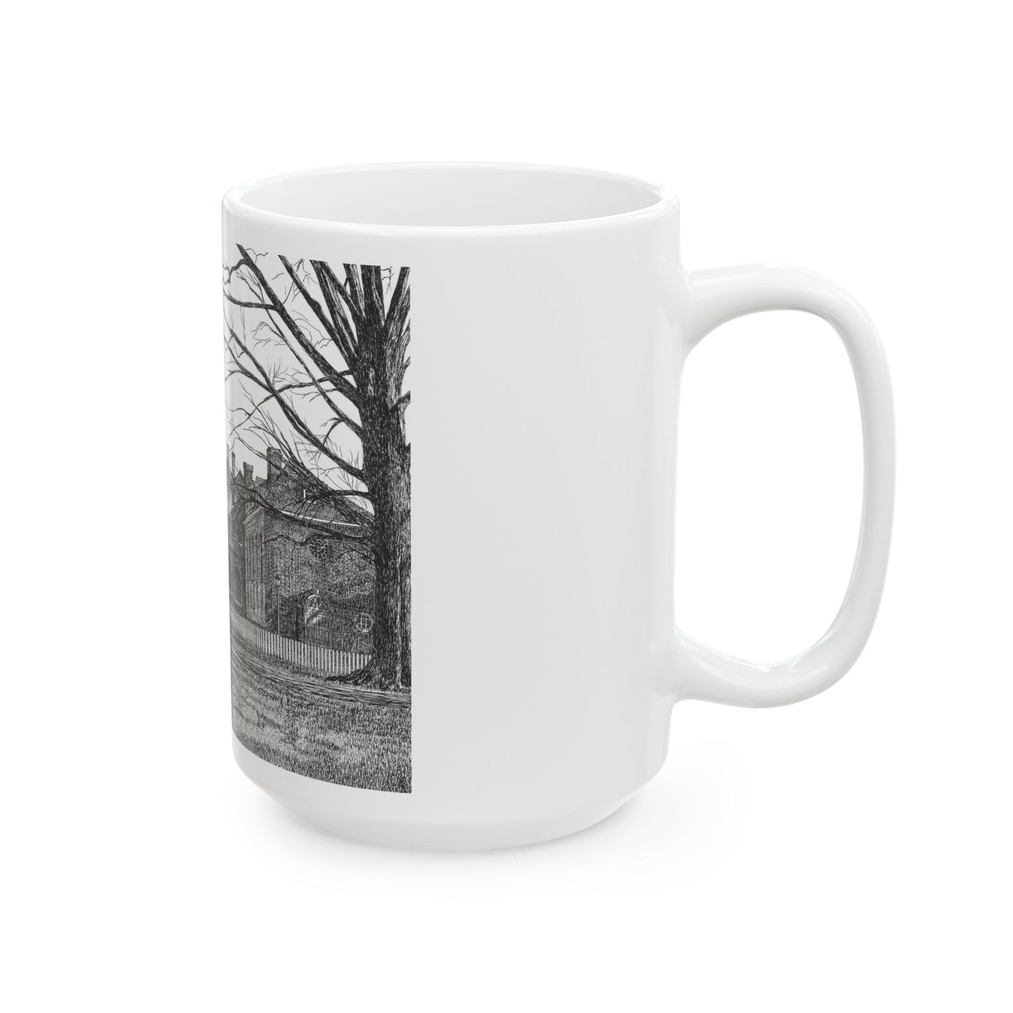Wren Building, CWM Ceramic Mug — Black & White Architectural Illustration (11oz, 15oz)