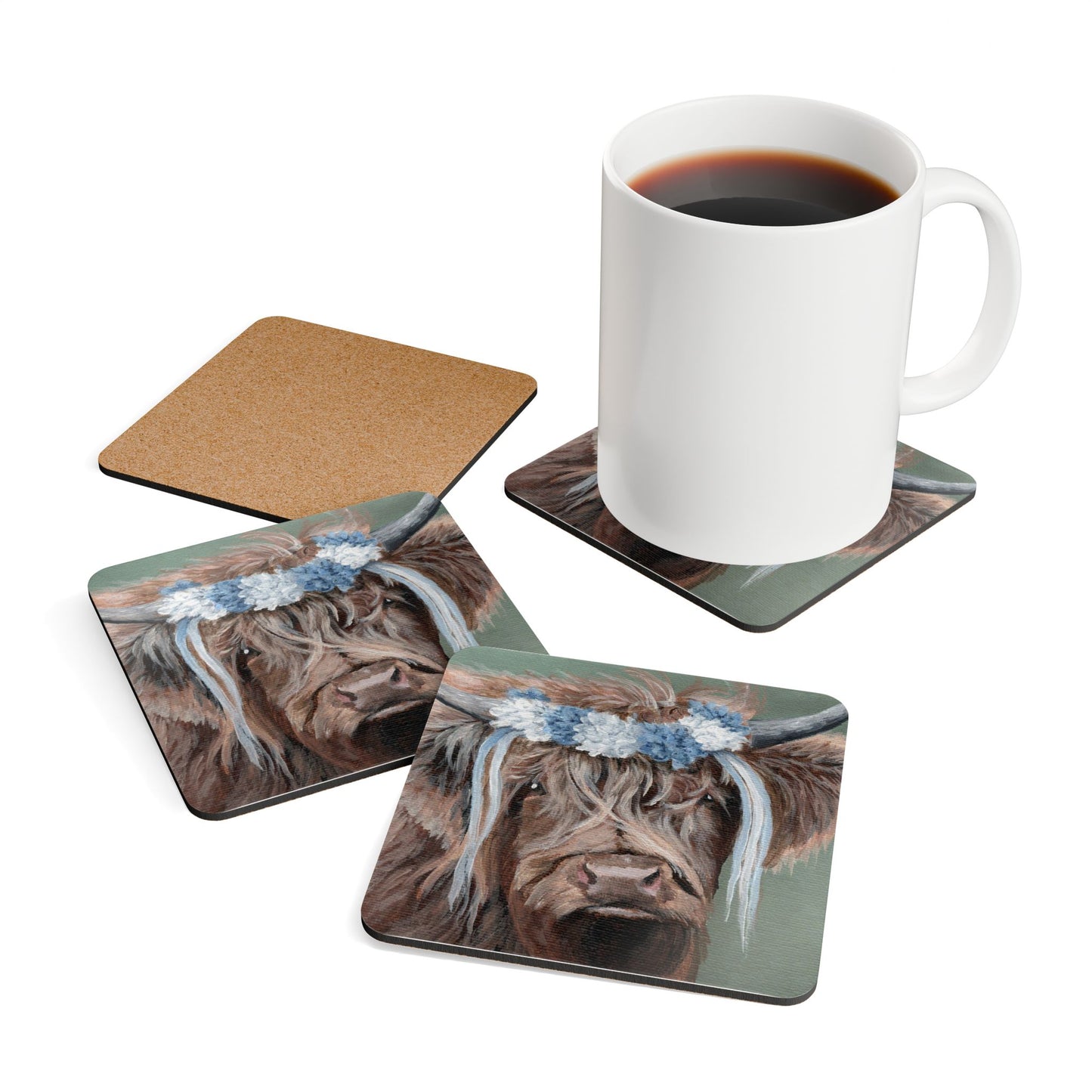 Corkwood Coasters — Highland Cow with Blue Floral Crown (Set)