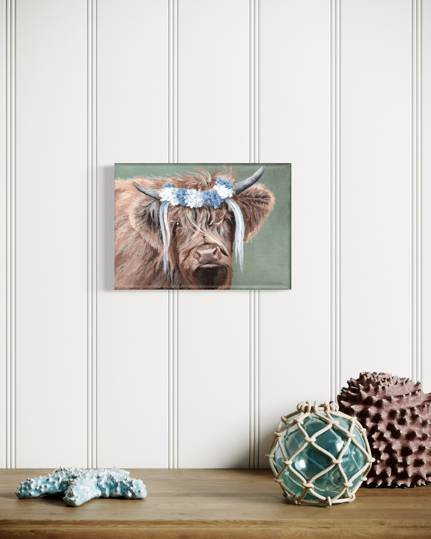 7 x 5 Inch Scottish Highland Cow with Blue and White Garland Original Painting (Copy)