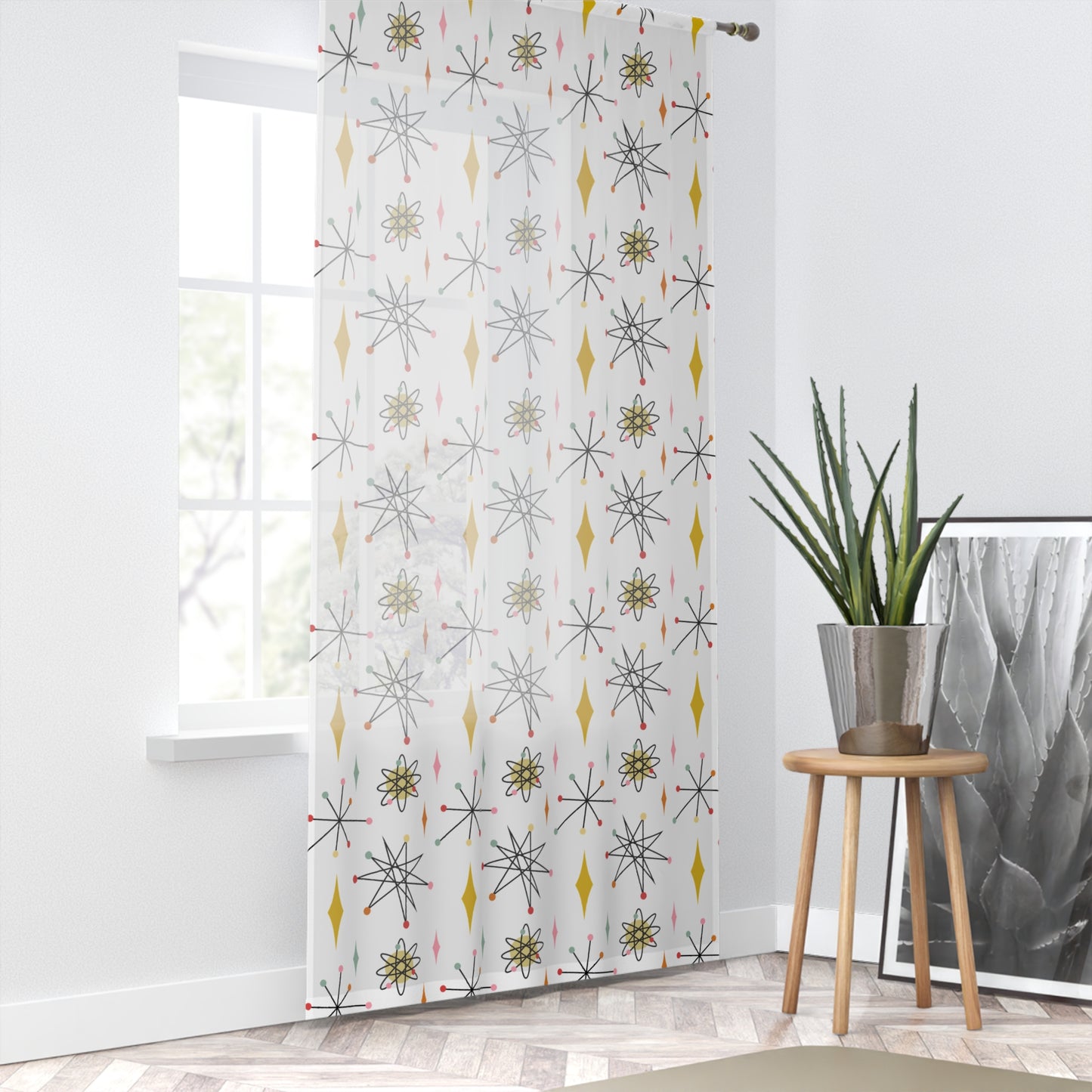 Mid-Century Starburst Sheer Window Curtain — Retro Atomic Pattern Drapery for Living Room