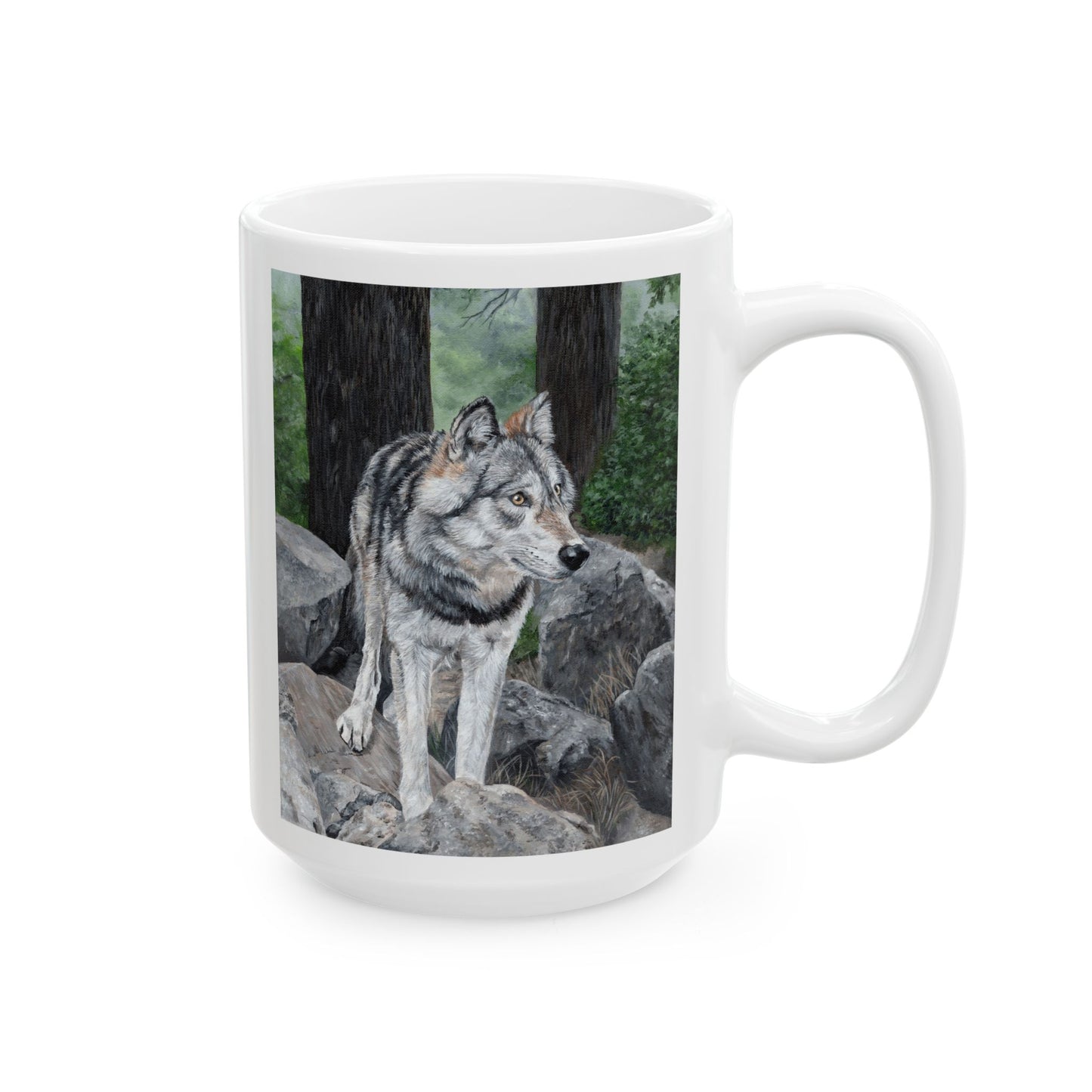 Wolf in the Woods Ceramic Mug — Rustic Nature Coffee Cup (11oz/15oz)