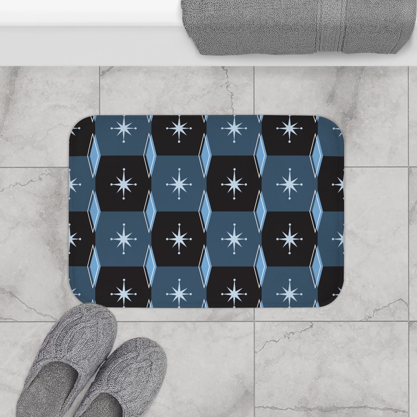 Mid-Century Starburst Bath Mat — Retro Geometric Blue Tile Design