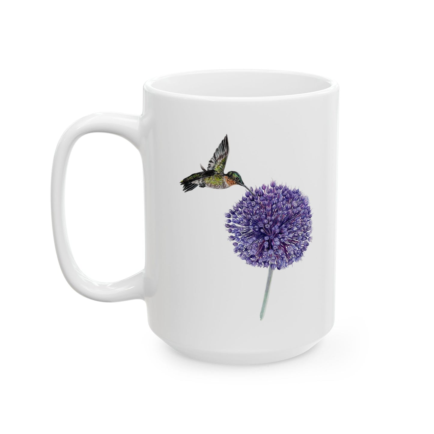 Hummingbird and Yorktown Onion Ceramic Mug — Purple Allium Floral & Hummingbird Coffee Cup (11oz & 15oz)