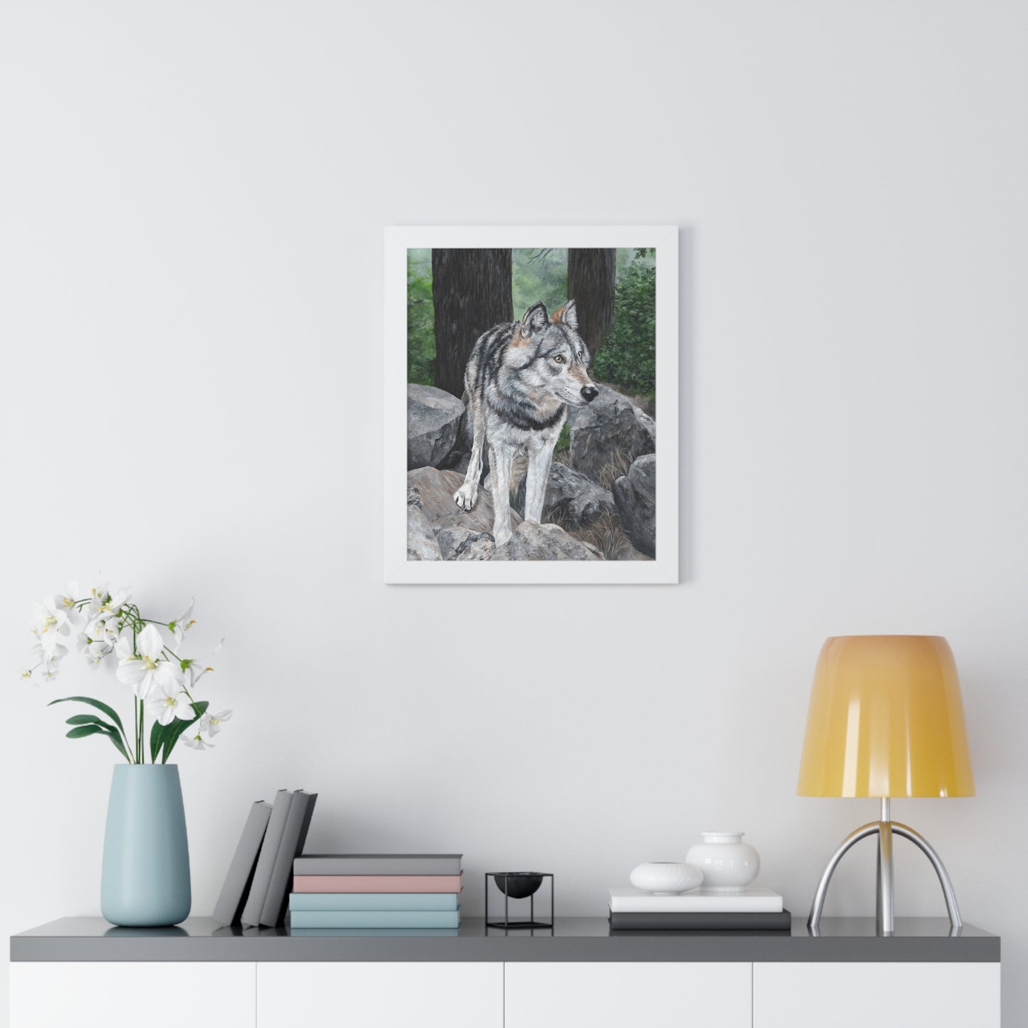 Wolf in the Woods Framed Poster — Forest Wildlife Vertical Art