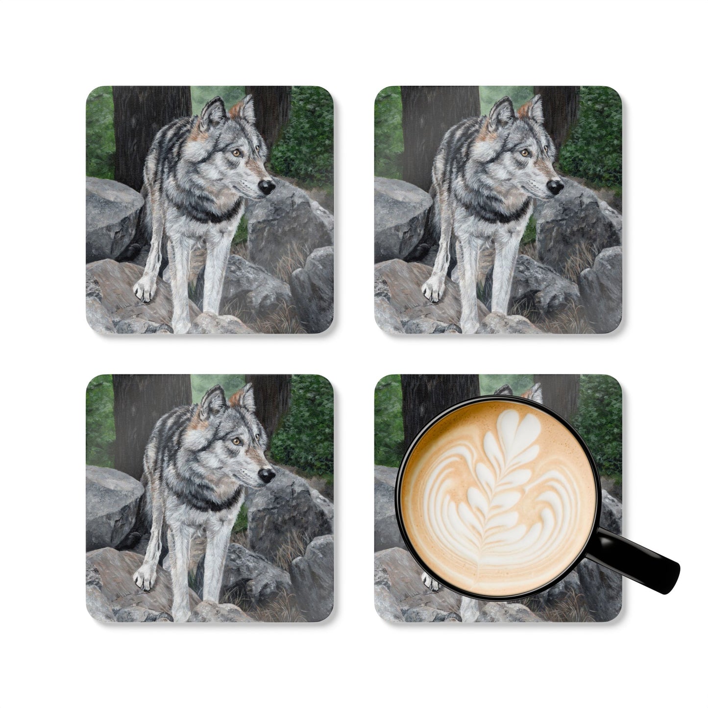 Wolf Cork Coaster Set — Rustic Wildlife Drink Coasters (4-Pack)
