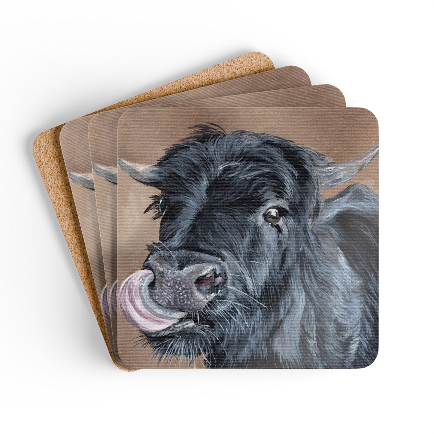 Highland Cow Cork Coaster Set – Cute Licking Cow Drink Coasters (4-Pack)