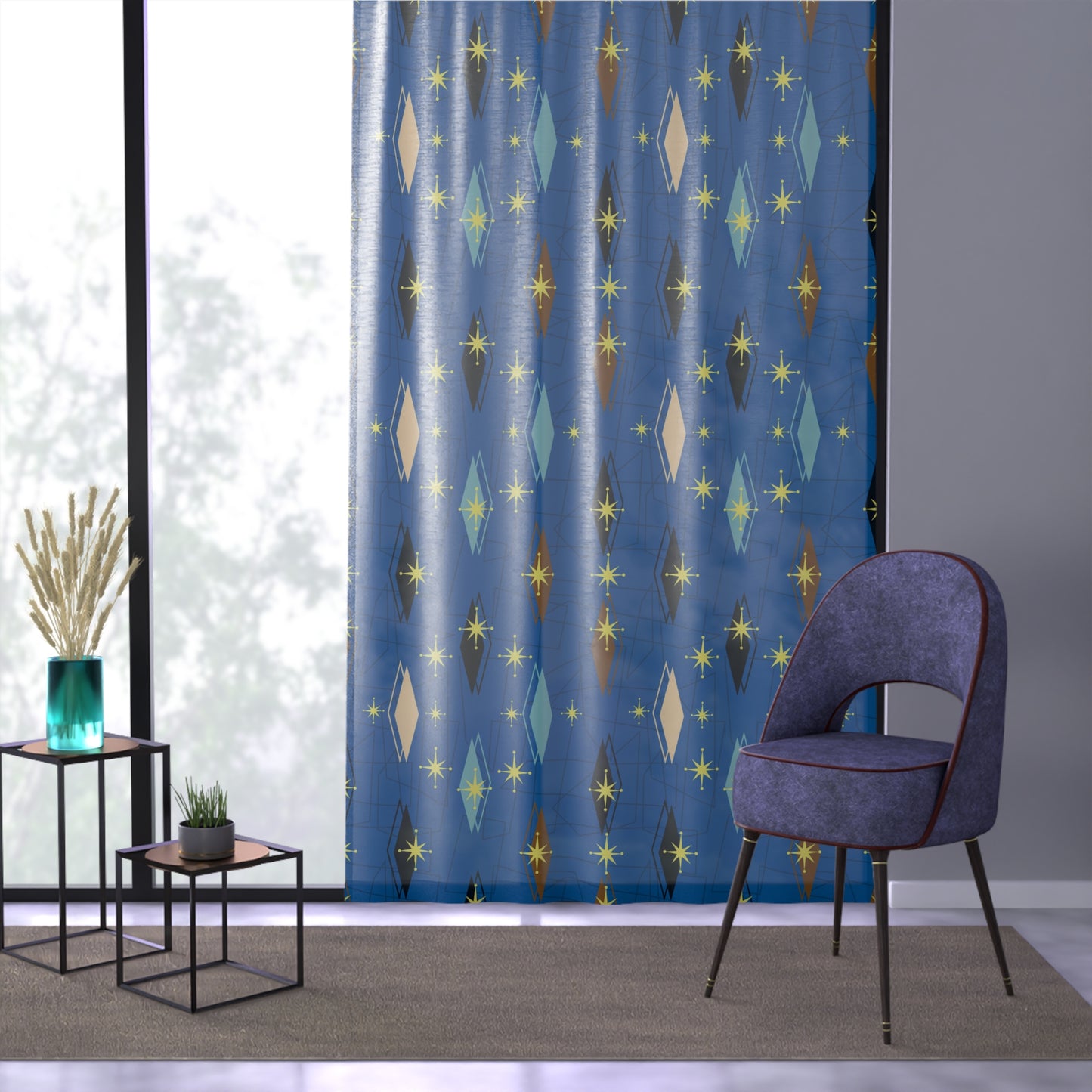 Mid-Century Starburst Window Curtain — Retro Blue Diamond Pattern