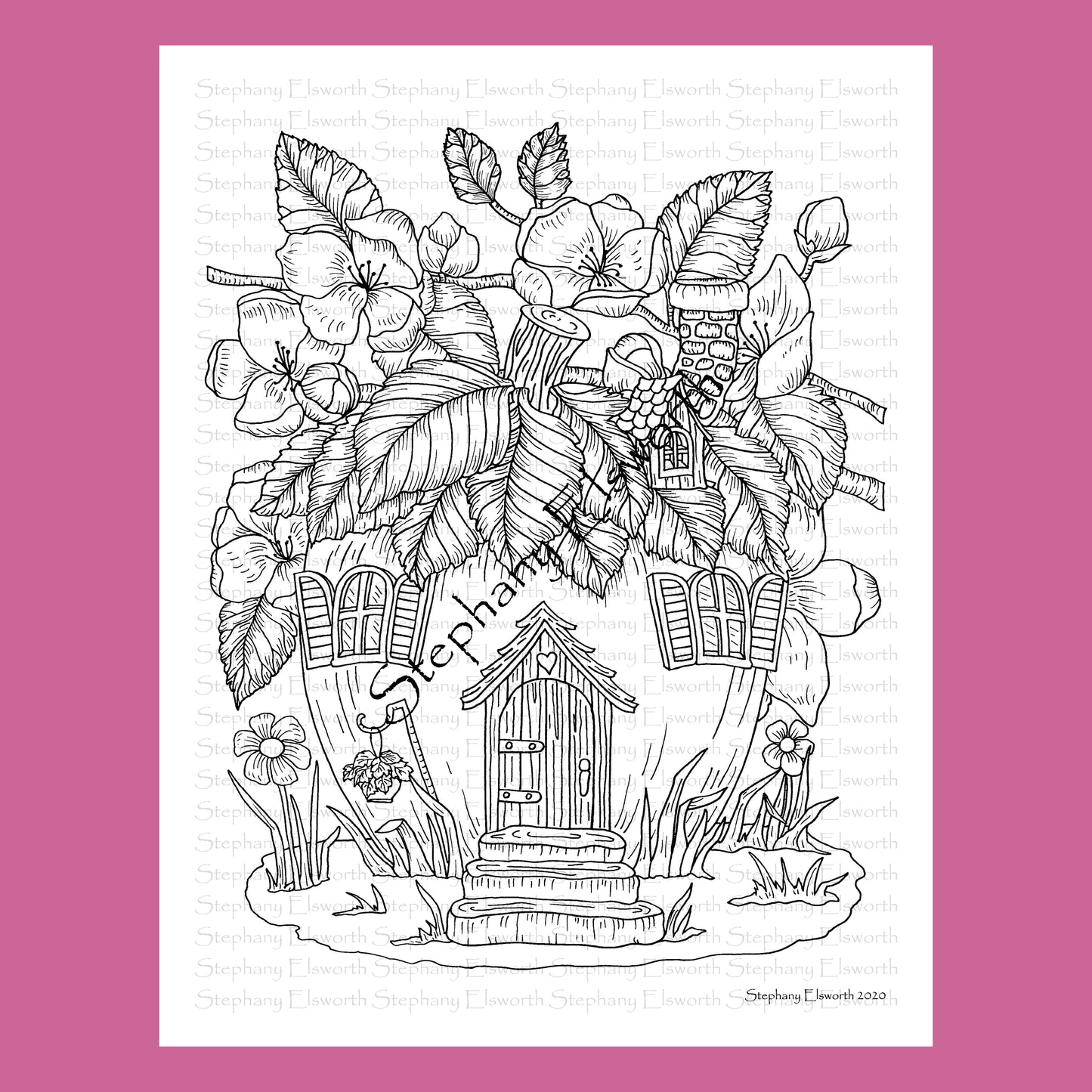 Apple Blossoms Fairy House 8 1/2 x 11 Printable Instant Download Coloring Page (Faerie Houses III)