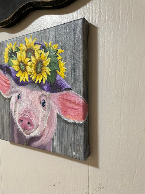 "This Little Piggy" Pig in Purple Hat with Sunflowers 8 x 8 Original Acrylic Painting