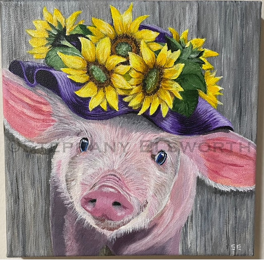 "This Little Piggy" Pig in Purple Hat with Sunflowers 8 x 8 Original Acrylic Painting