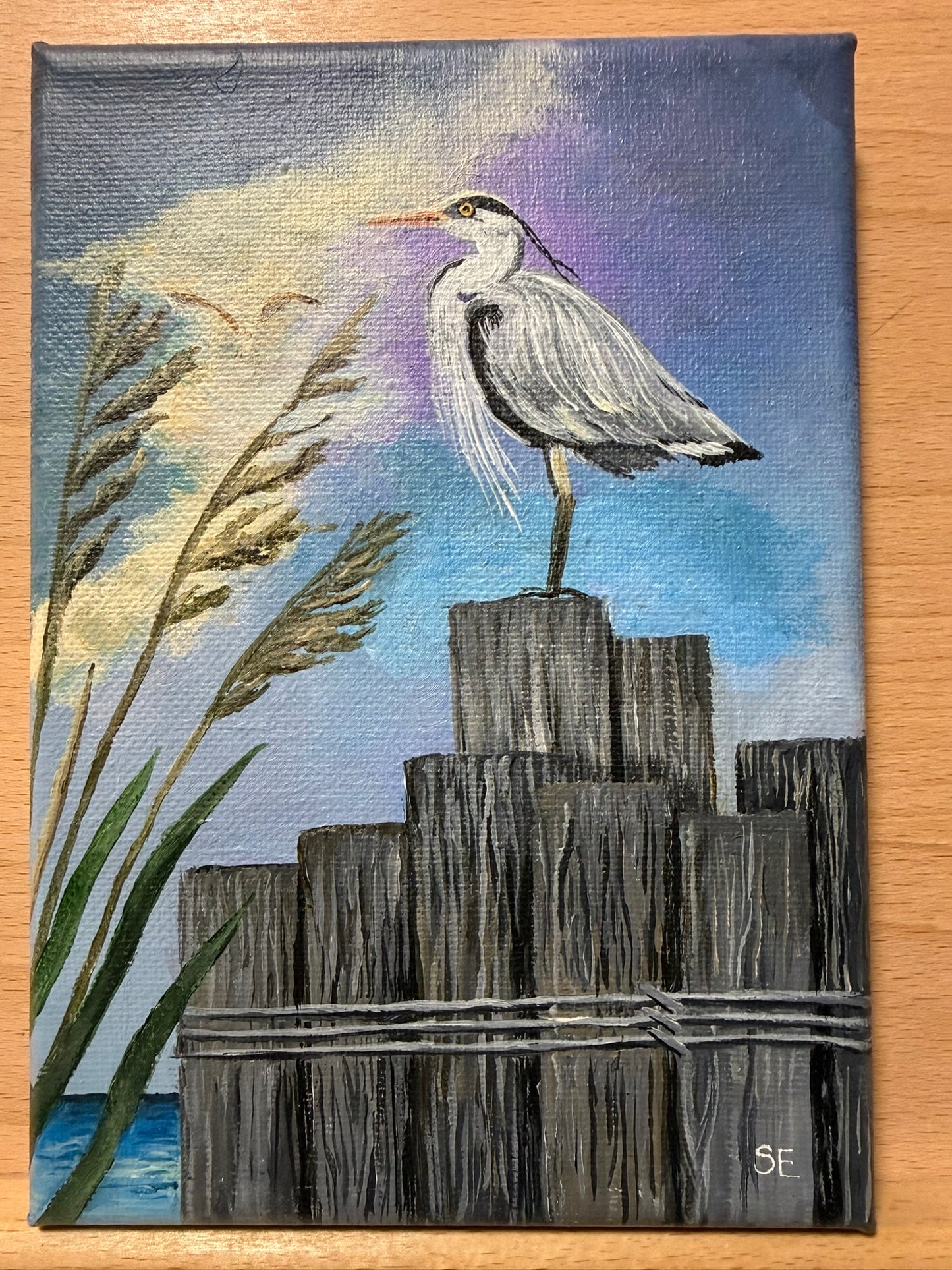 5 x 7 Inch Gray Heron on Pylons Original Acrylic Painting