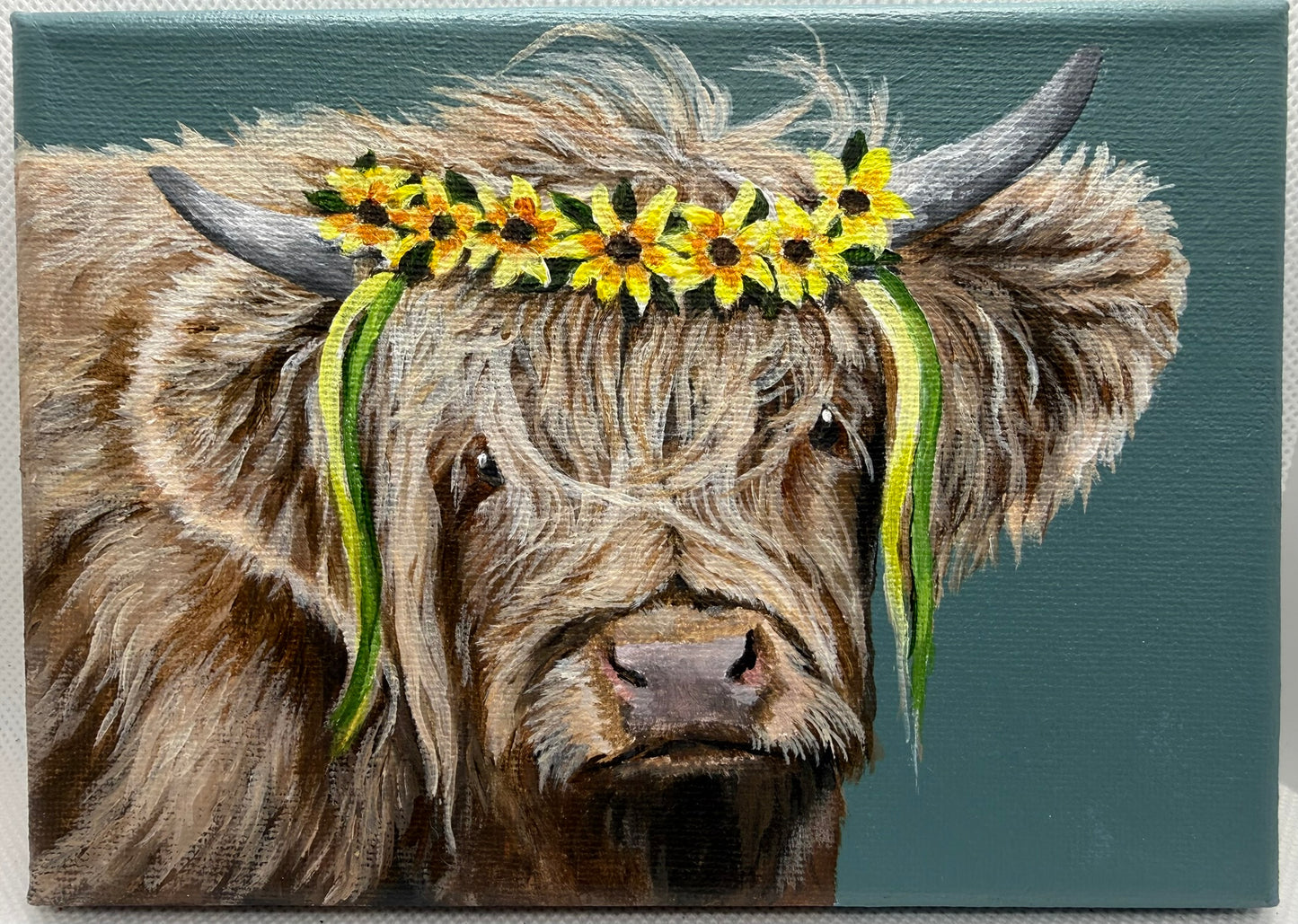 7 x 5 Inch Scottish Highland Cow with Daisy Garland Original Painting