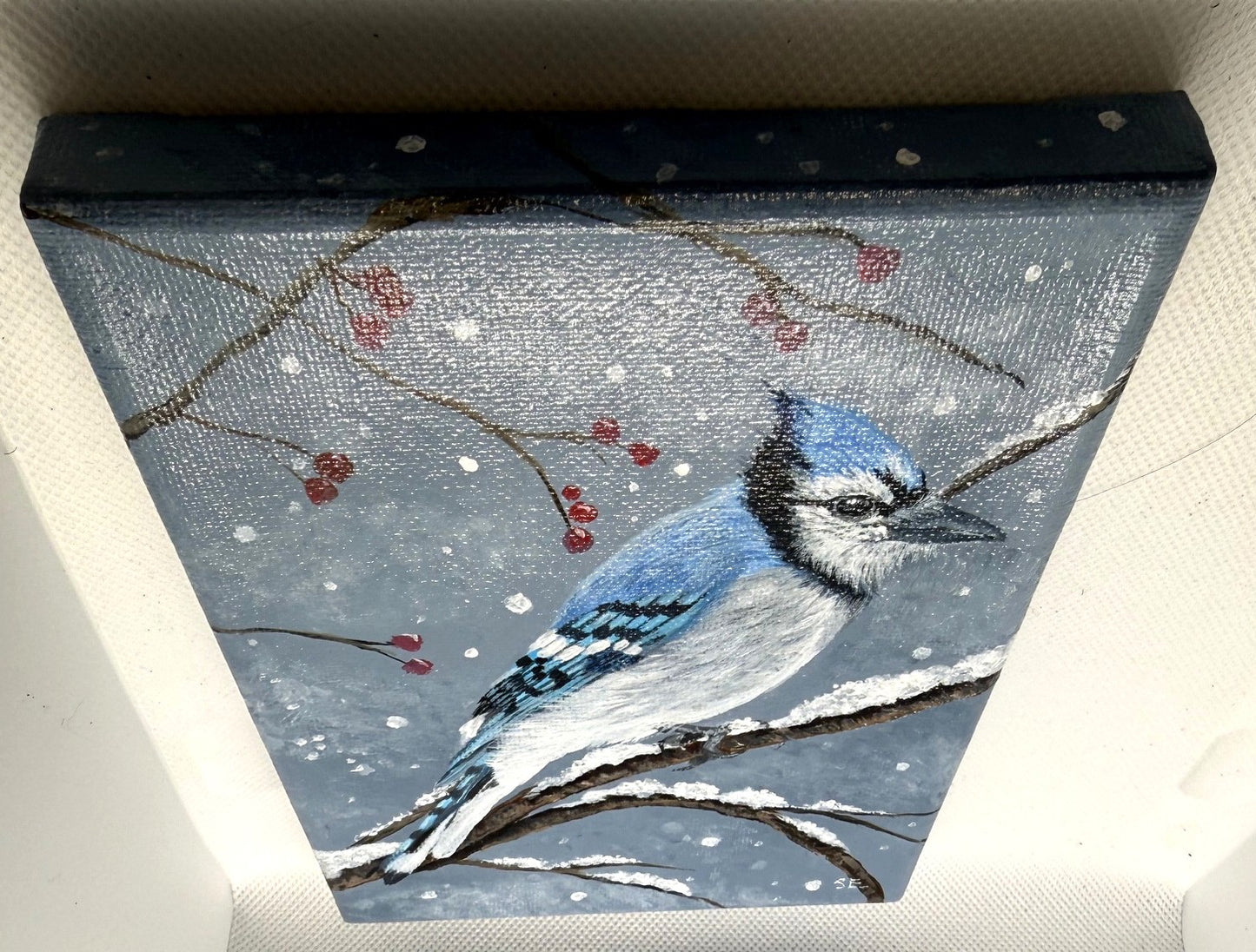 5 x 7 inch Bluejay in Snow Original Acrylic Painting