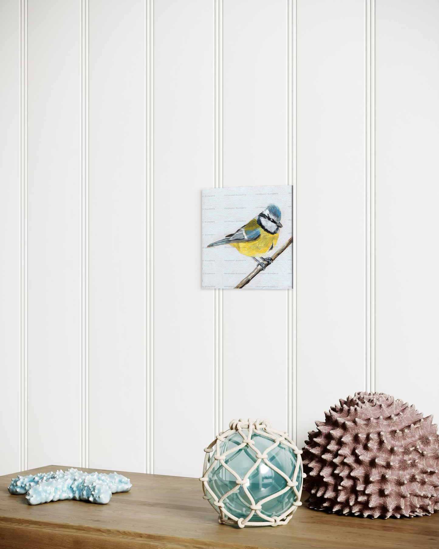 4 x 4 inch Eurasian Blue Tit Bird Original Miniature Acrylic Painting