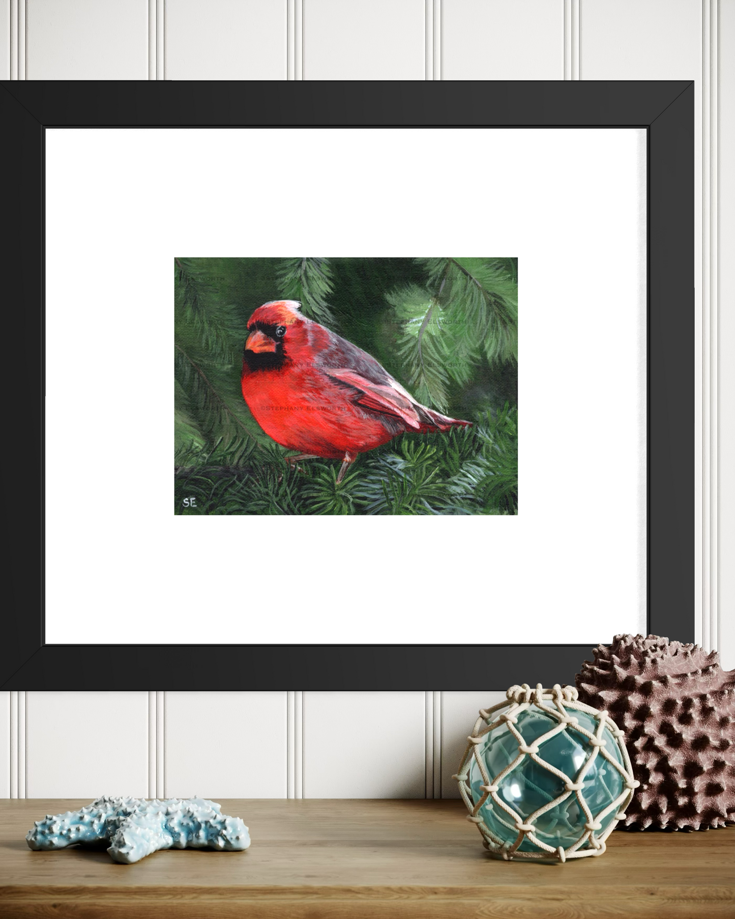 8 x 6 Cardinal on Pine Branch Original Acrylic Painting