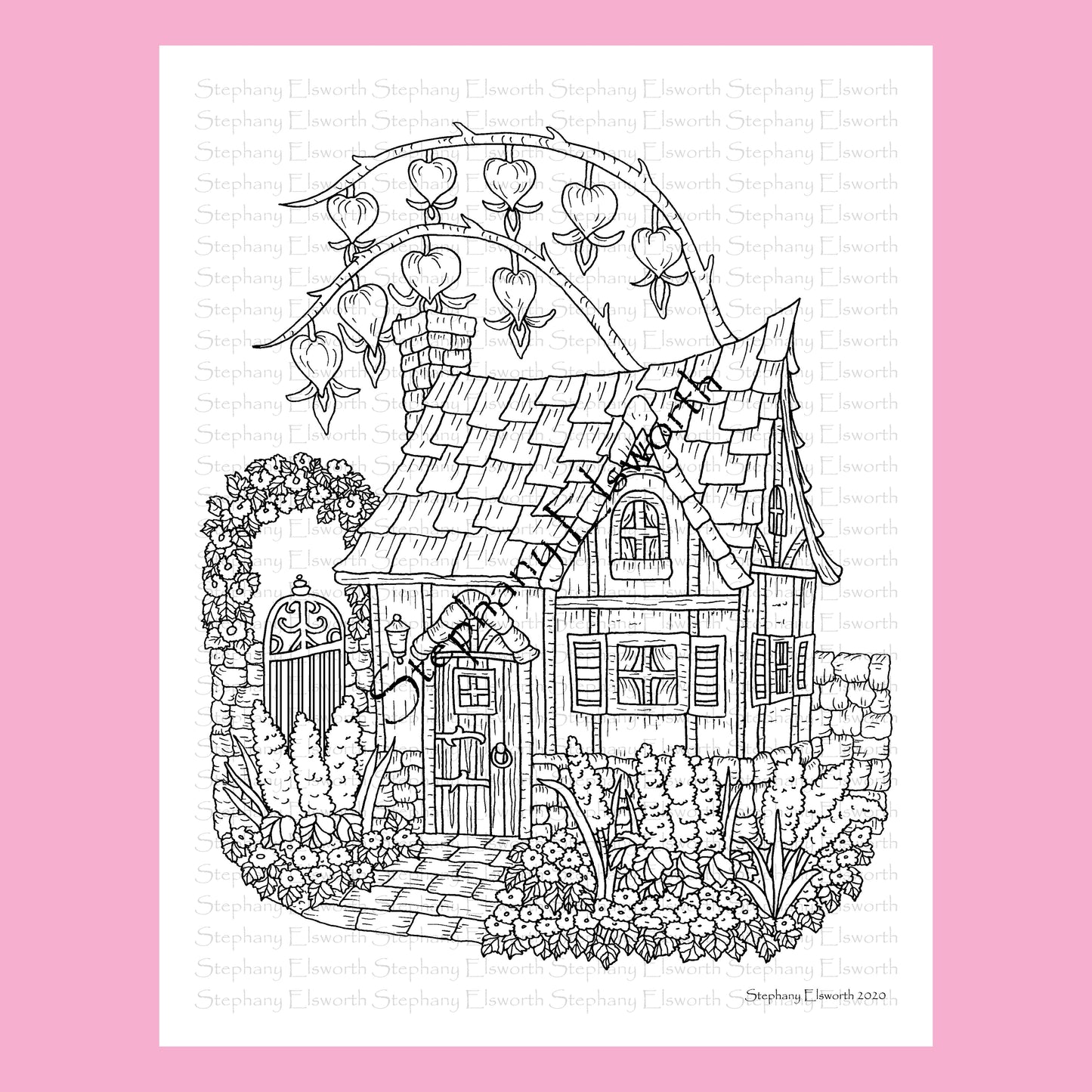 Cozy Cottage with Bleeding Heart Flower Fairy House Printable Instant Download Coloring Page (Faerie Houses III)