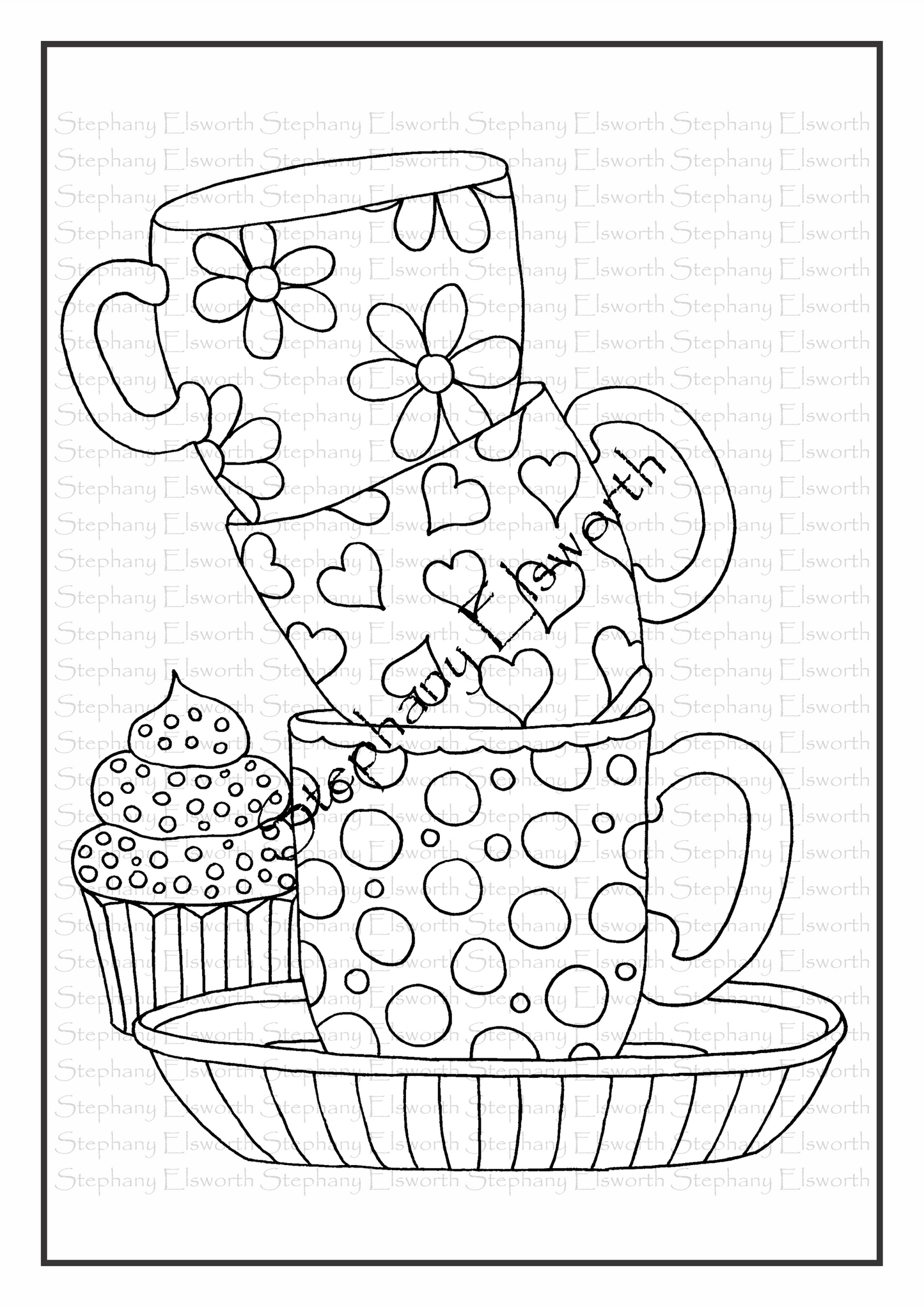 Coffee Cups and Cupcake Coloring Page