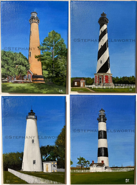 Outer Banks Lighthouses, Set of Four 5 x 7 inch Original Acrylic Paintings
