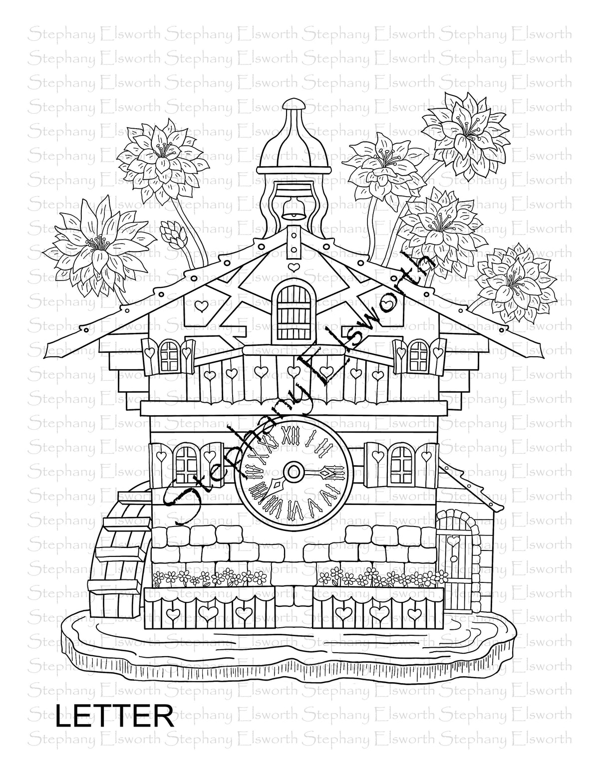 Cuckoo Clock Fairy Cottage Letter/A4 Instant Download Printable Coloring Page