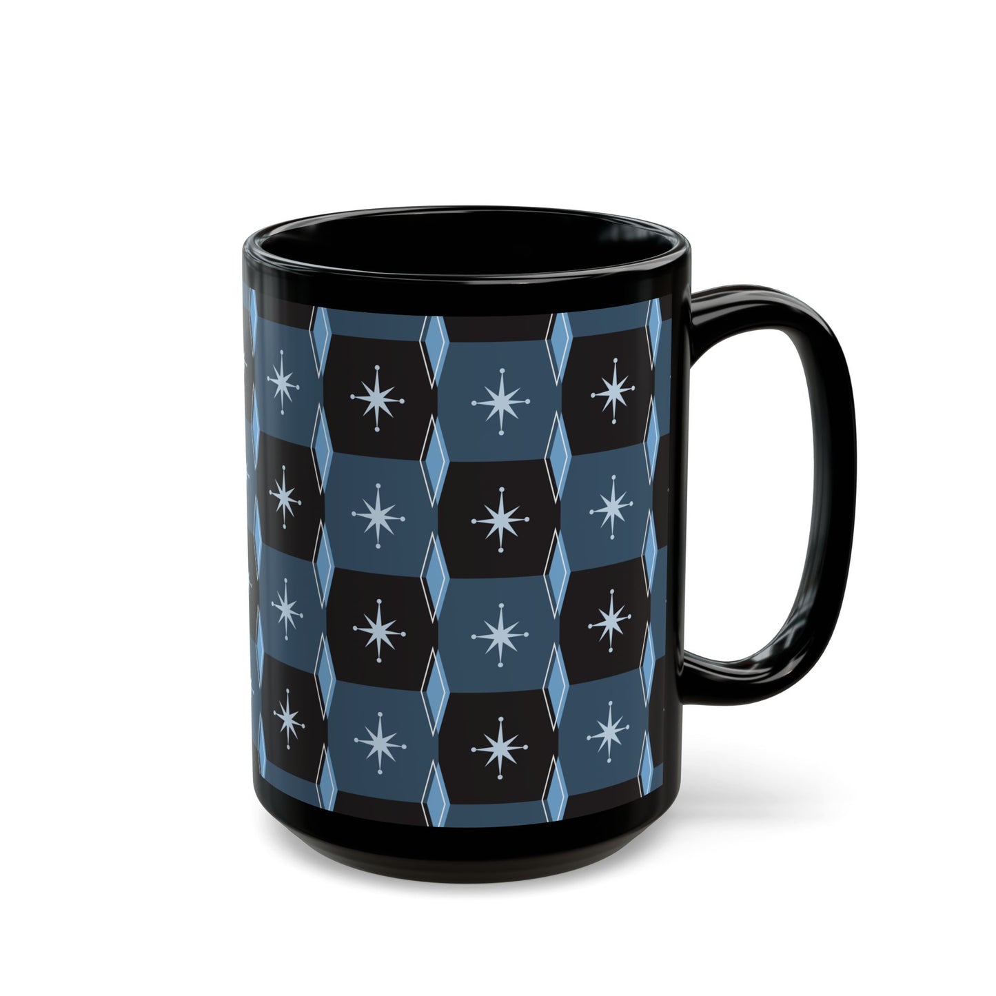 Retro Starburst Pattern Black Coffee Mug — Mid-Century Geometric 11oz/15oz