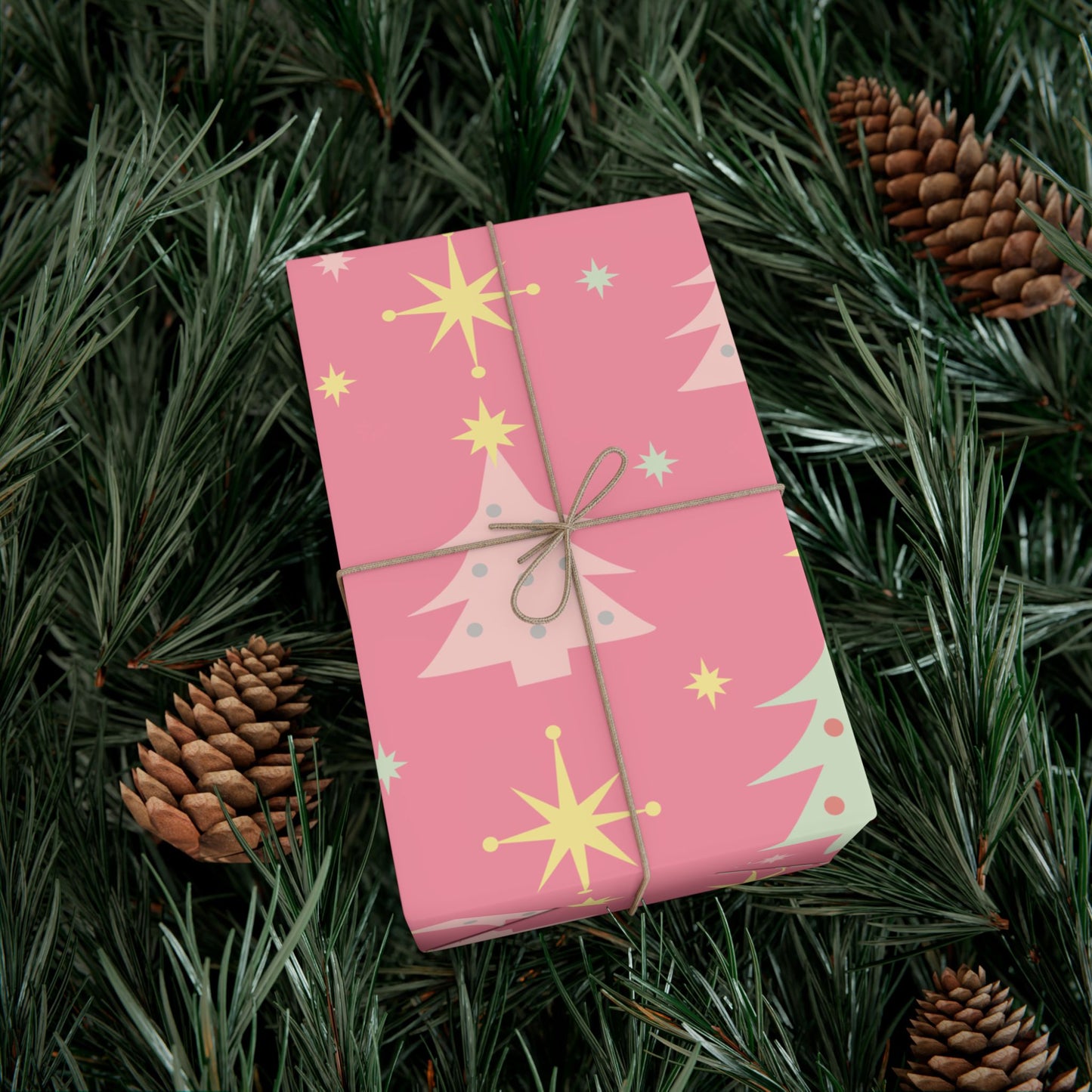 Pink Retro Christmas Tree Gift Wrap Paper — Holiday Wrapping Sheets