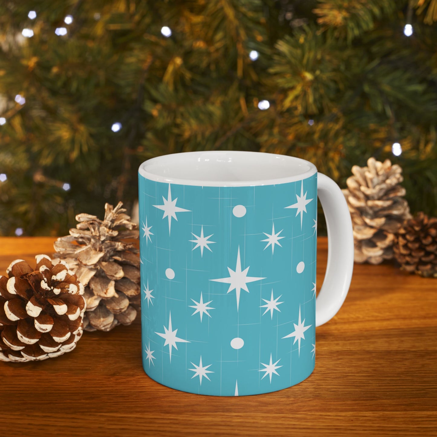 Starburst Pattern Ceramic Mug — Retro Turquoise Mid-Century Modern Coffee Cup (11oz, 15oz)