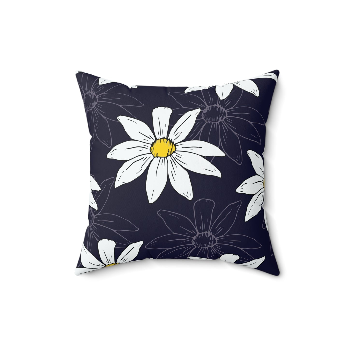 Daisy Pattern on Dark Blue Square Pillow