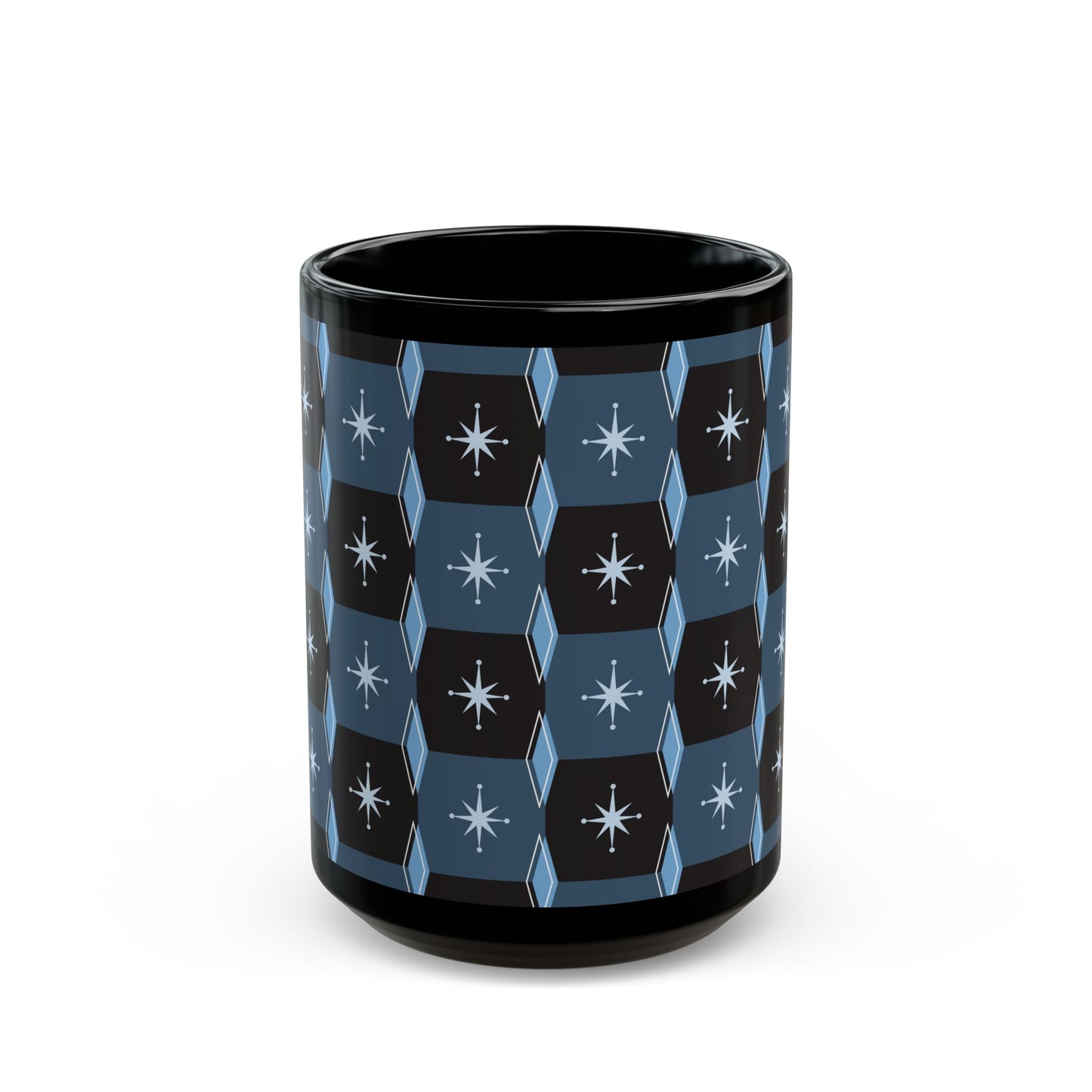 Retro Starburst Pattern Black Coffee Mug — Mid-Century Geometric 11oz/15oz