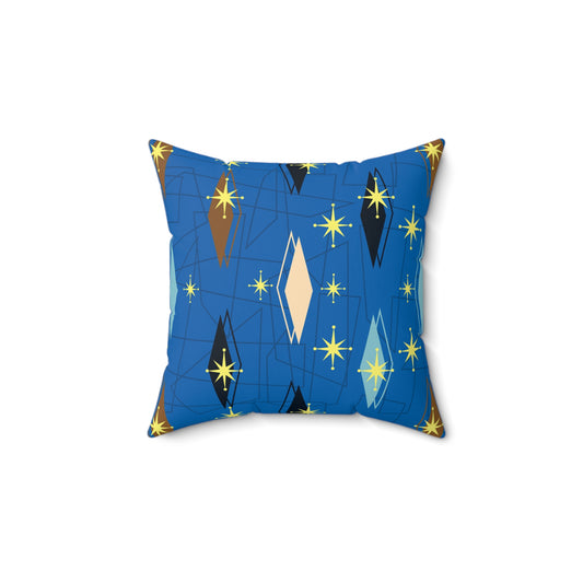 Mid-Century Starburst Decorative Pillow — Retro Blue Geometric Accent