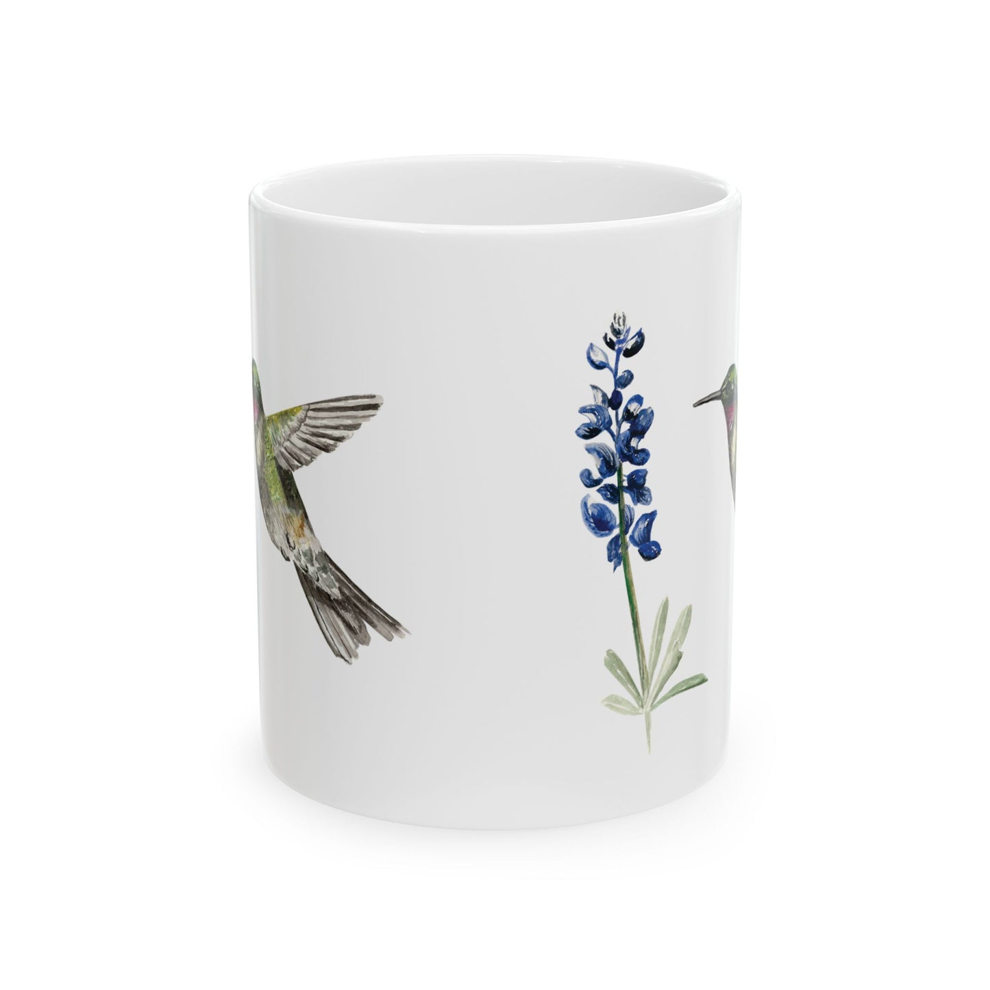 Hummingbird & Bluebonnet Ceramic Mug — Floral Bird Coffee Tea Cup (11oz, 15oz)