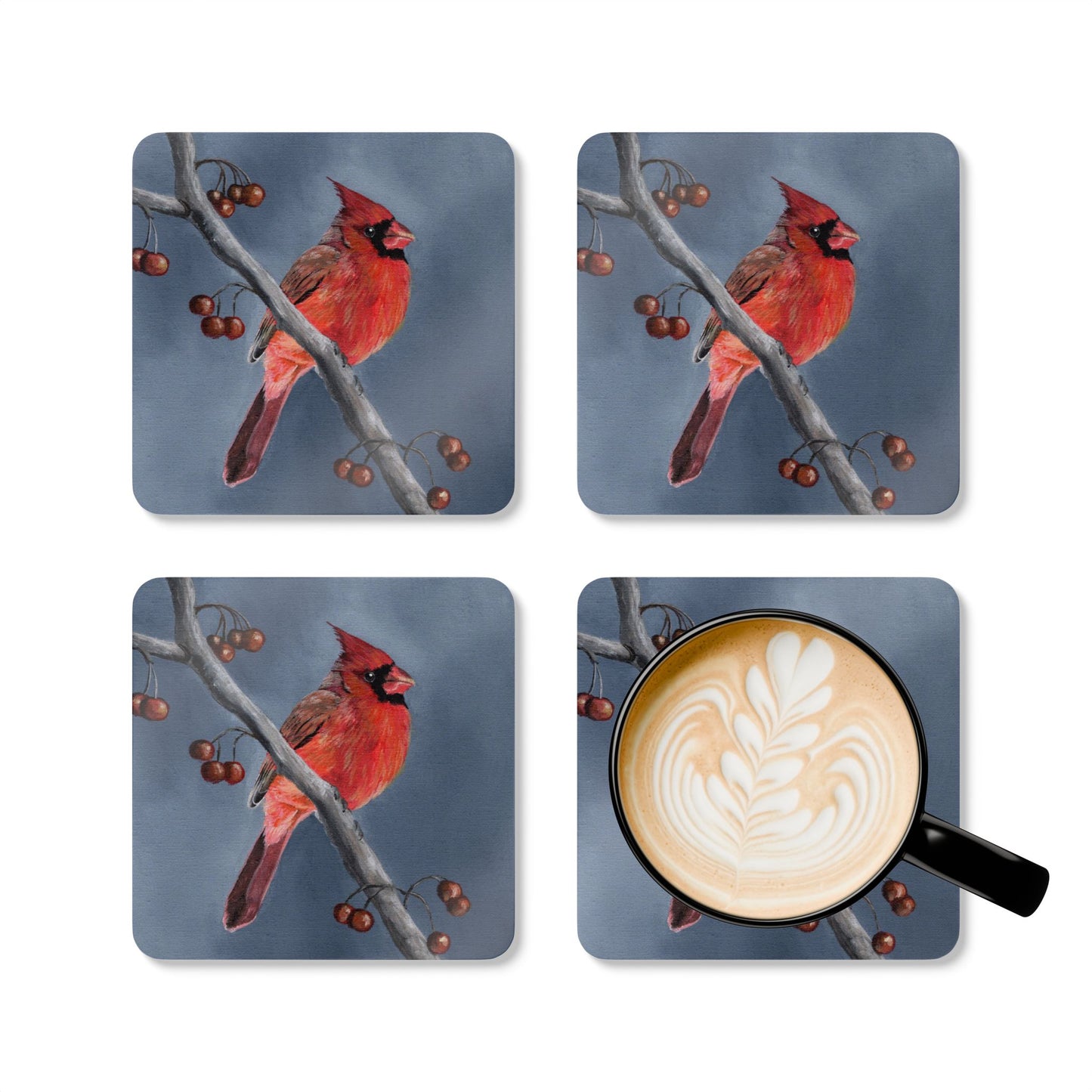 Cardinal Bird Cork Coaster Set — Hand-Painted Red Cardinal Drink Coasters (4-Pack)