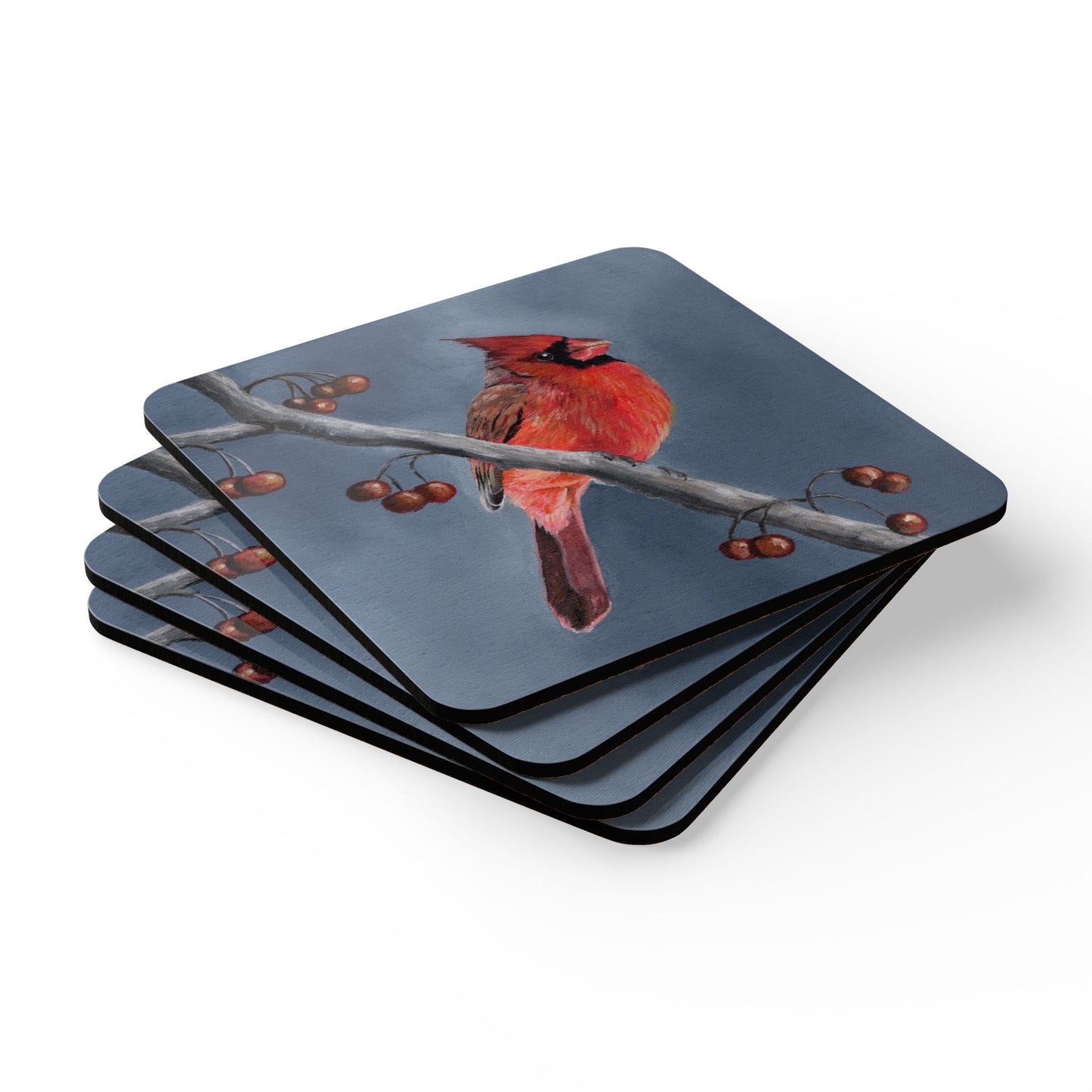 Cardinal Bird Cork Coaster Set — Hand-Painted Red Cardinal Drink Coasters (4-Pack)