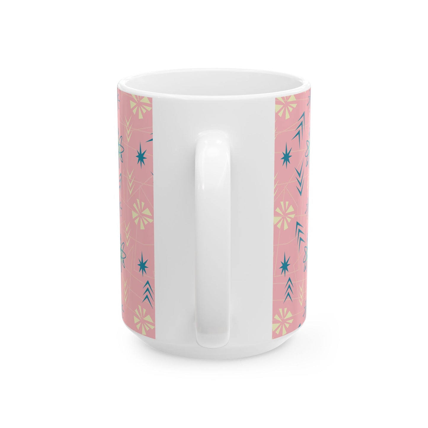 Pink Retro Starburst Ceramic Mug – Mid-Century Modern Coffee Cup (11oz/15oz)