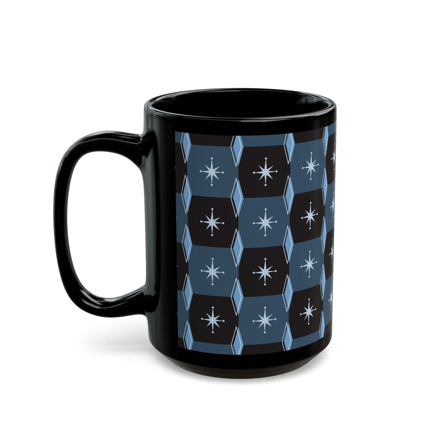 Retro Starburst Pattern Black Coffee Mug — Mid-Century Geometric 11oz/15oz