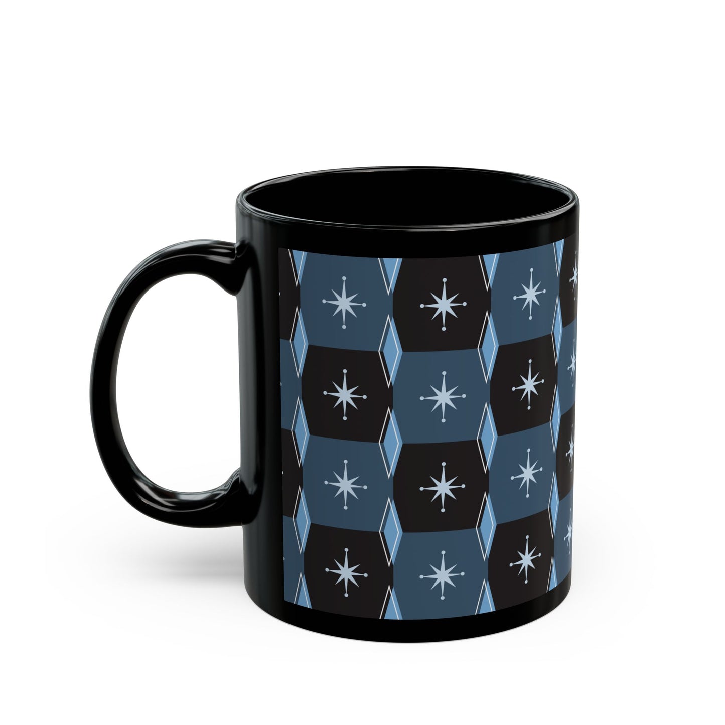 Retro Starburst Pattern Black Coffee Mug — Mid-Century Geometric 11oz/15oz