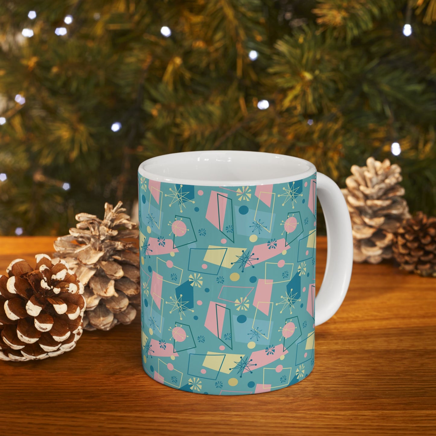 Mid-Century Modern Pattern Ceramic Mug — Retro Teal Atomic Design (11oz/15oz)