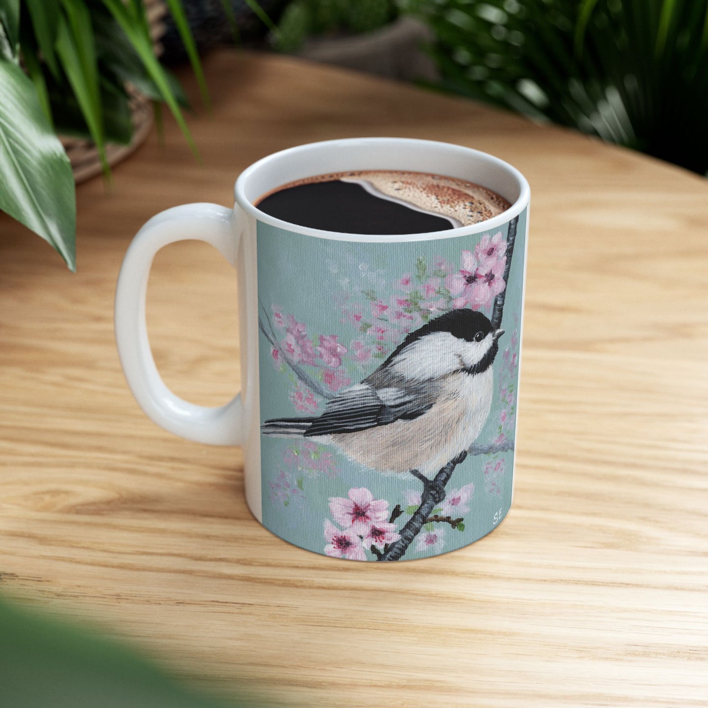 Chickadee Blossom Ceramic Mug — Floral Bird Coffee Cup (11oz & 15oz)