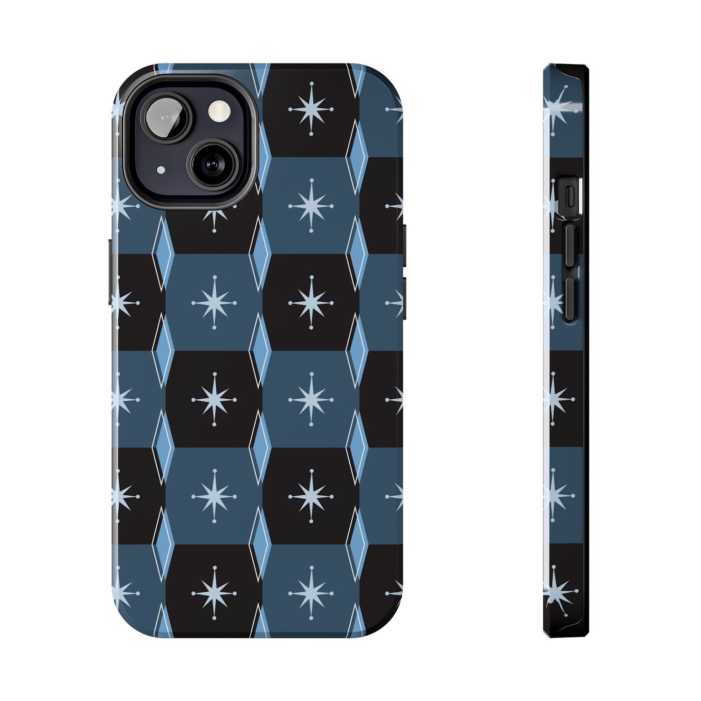 Blue and Black Diamond and Square Pattern Tough iPhone Cases