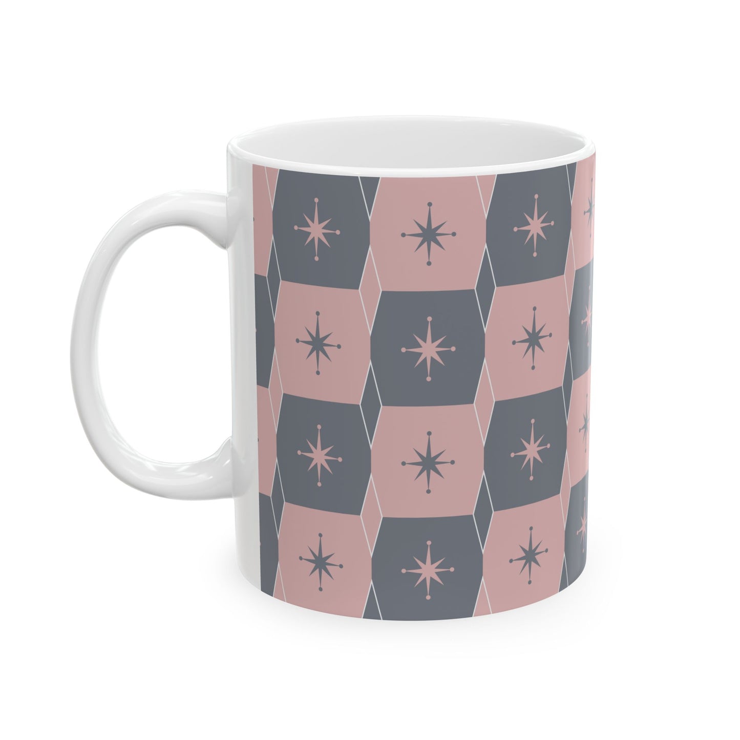 Mid-Century Starburst Ceramic Mug — Pink & Slate Geometric Pattern (11oz, 15oz)