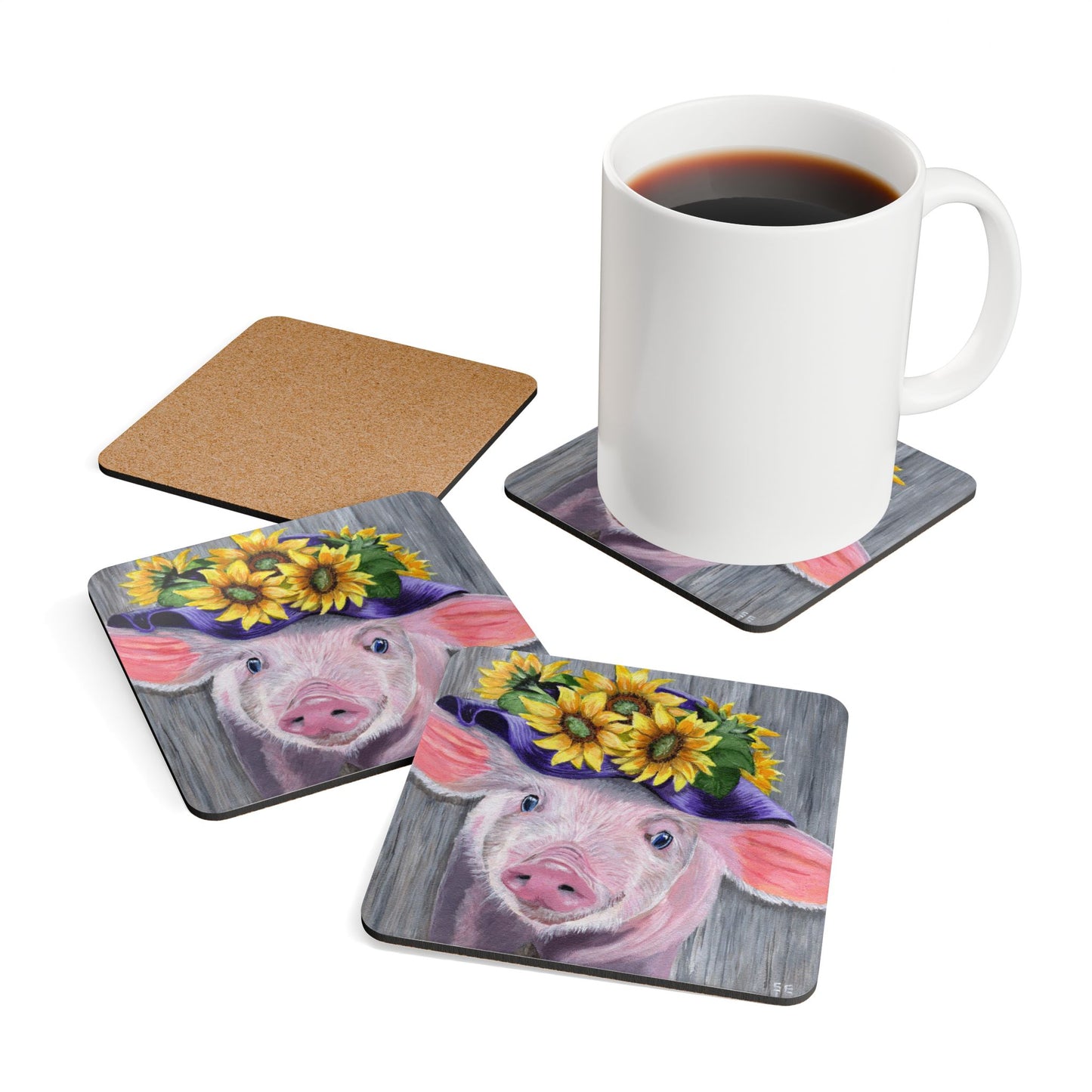 Sunflower Pig Cork Coaster Set — Cute Farmhouse Drink Coasters (4-Pack)
