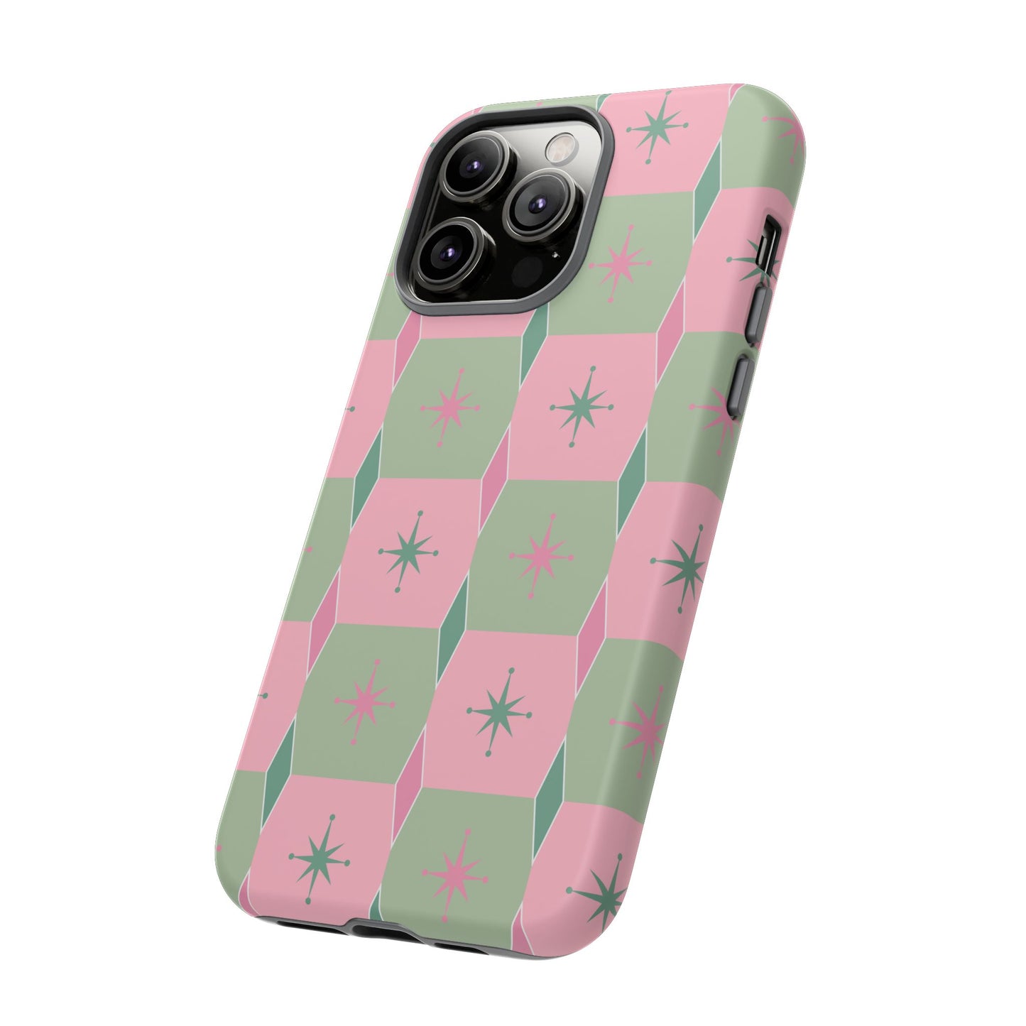 1950s Retro Square and Diamond Pattern in Pink and Green Tough Cases