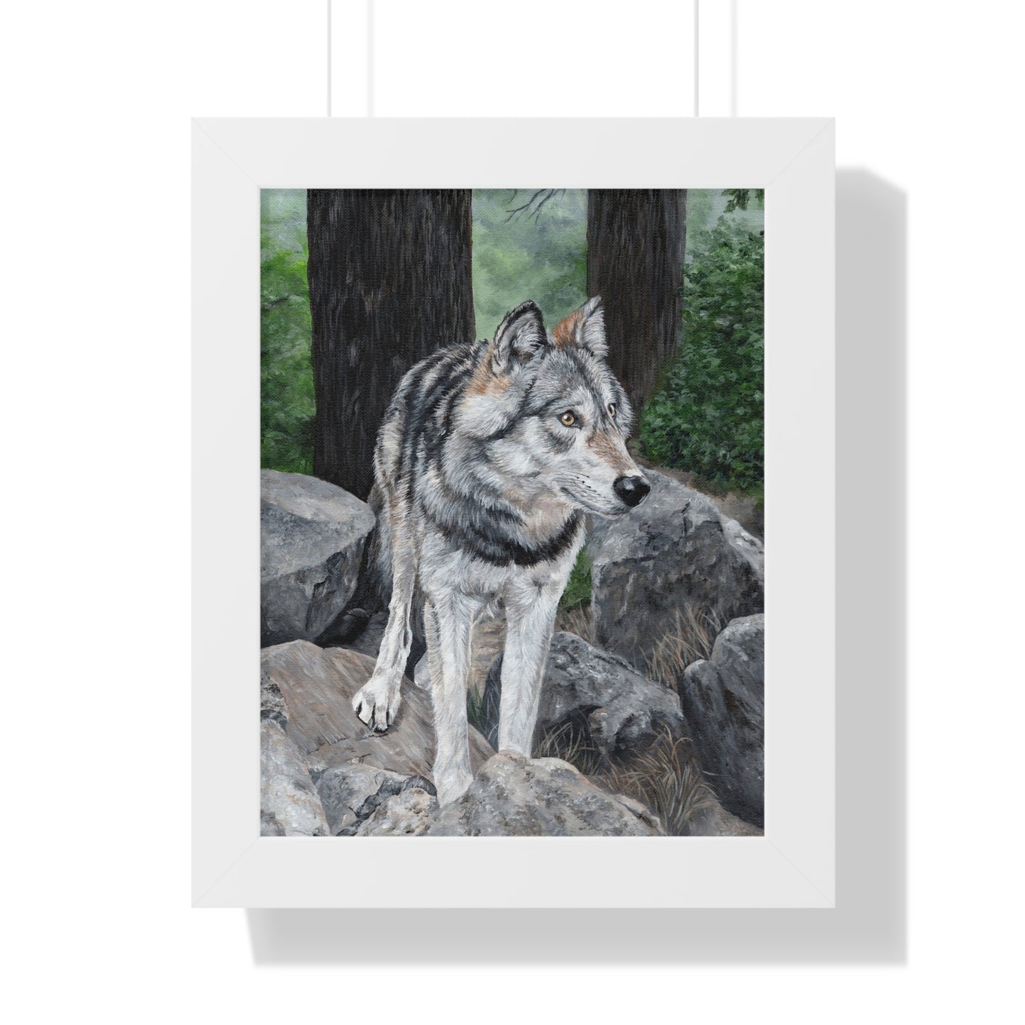 Wolf in the Woods Framed Poster — Forest Wildlife Vertical Art